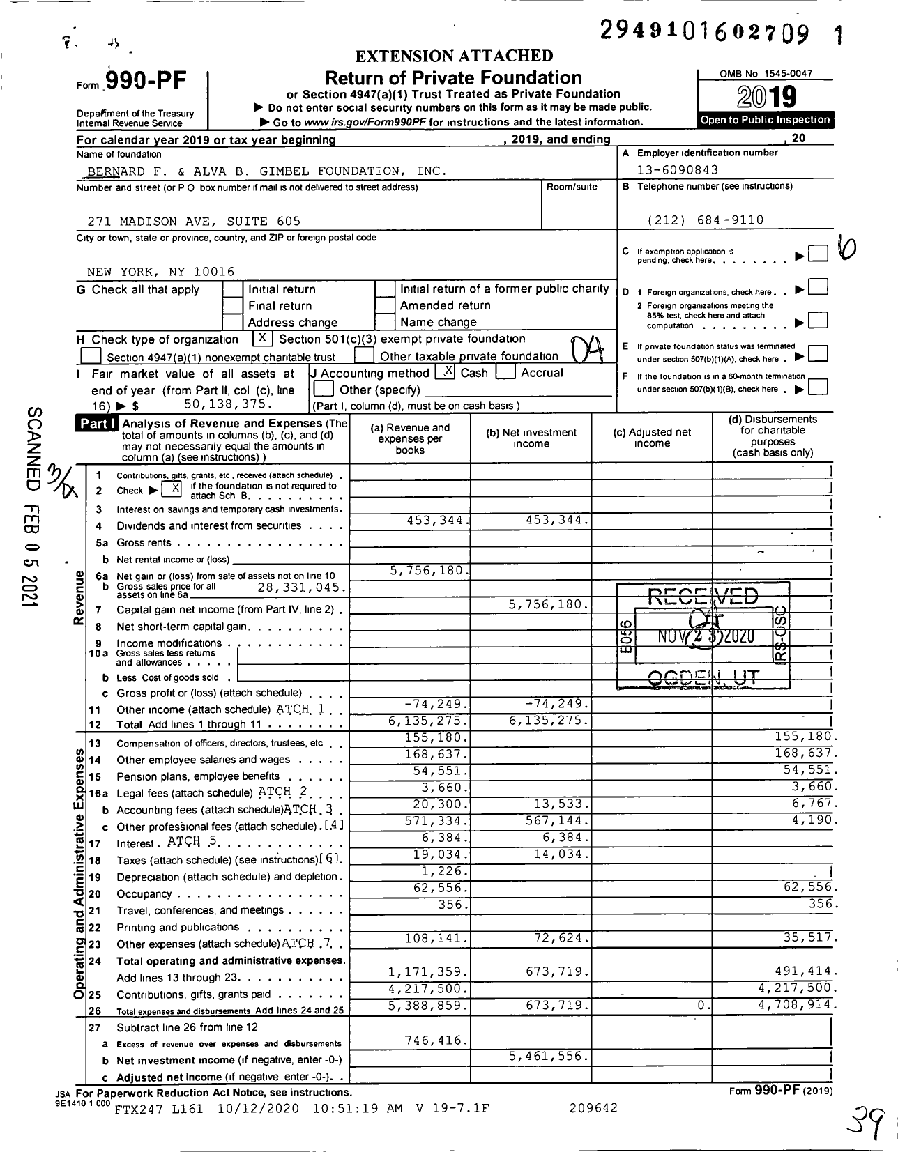 Image of first page of 2019 Form 990PF for Bernard F and Alva B Gimbel Foundation