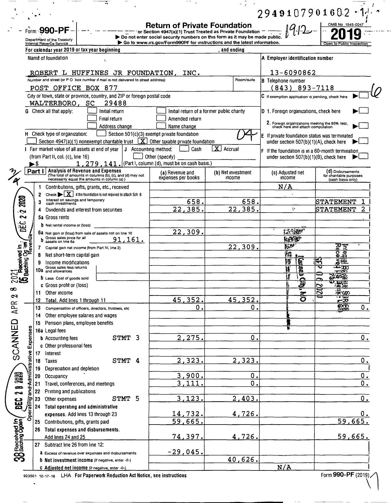 Image of first page of 2019 Form 990PF for Robert L Huffines JR Foundation