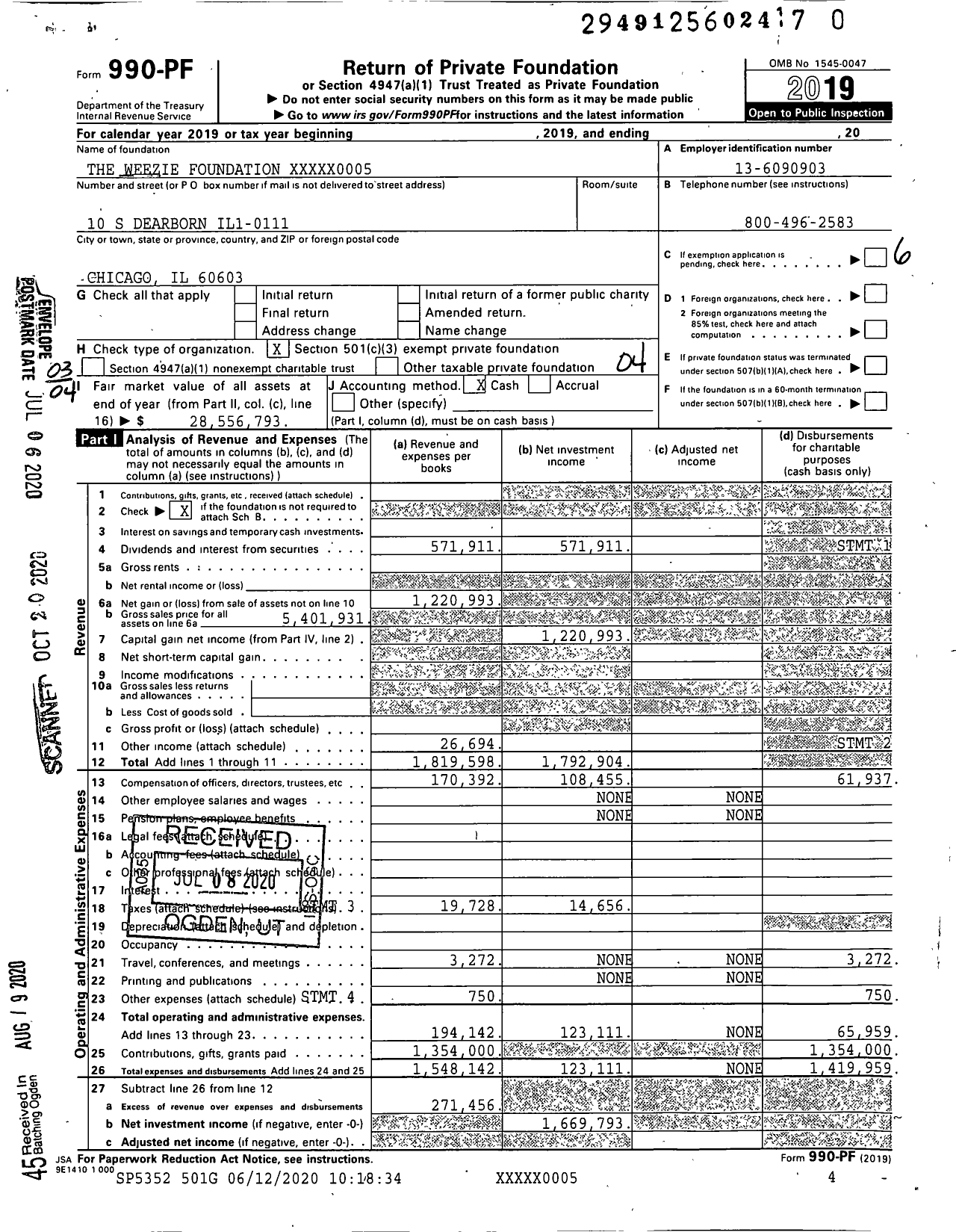 Image of first page of 2019 Form 990PR for The Weezie Foundation XXXXX0005