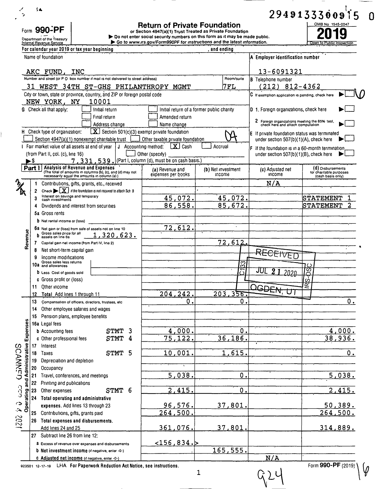 Image of first page of 2019 Form 990PF for Akc Fund