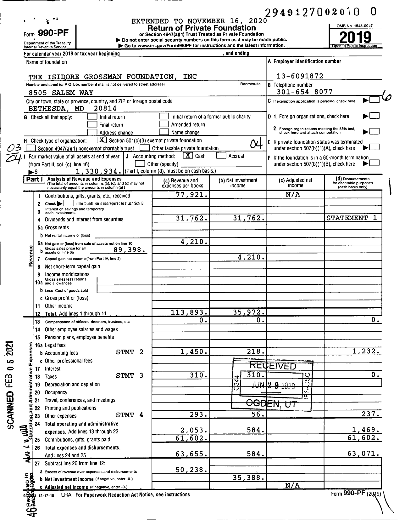 Image of first page of 2019 Form 990PF for Grossman Family Charitable Funds