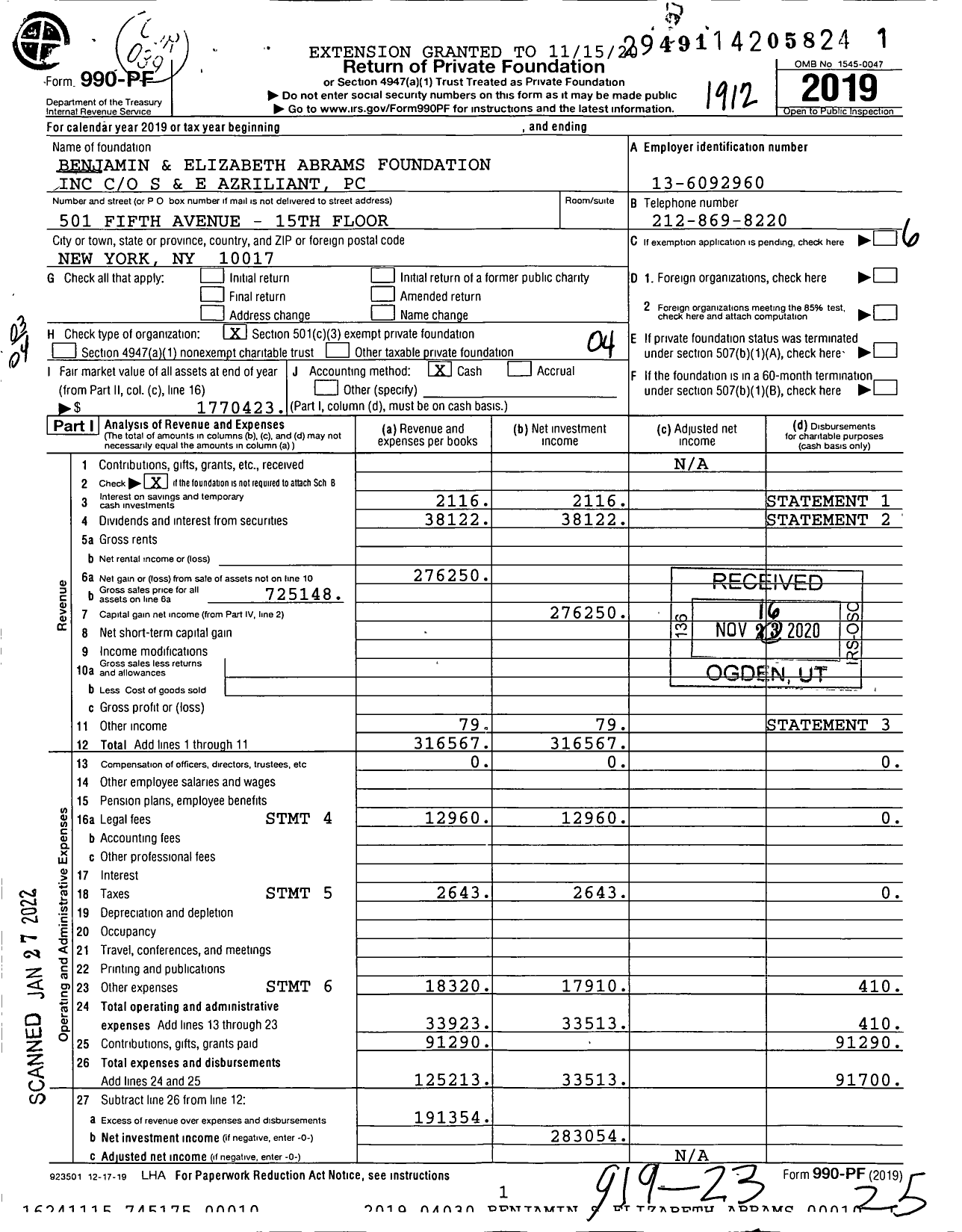 Image of first page of 2019 Form 990PF for Benjamin and Elizabeth Abrams Foundation