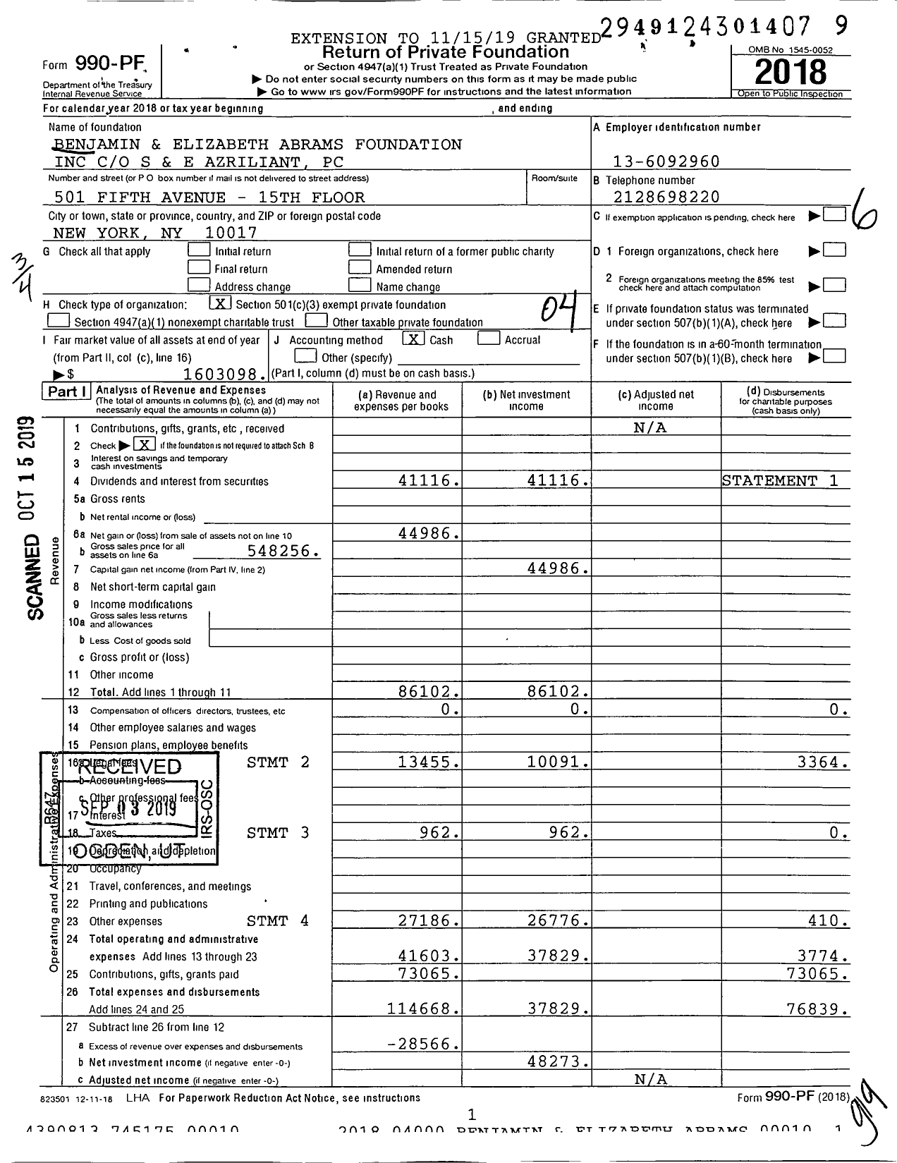 Image of first page of 2018 Form 990PF for Benjamin and Elizabeth Abrams Foundation