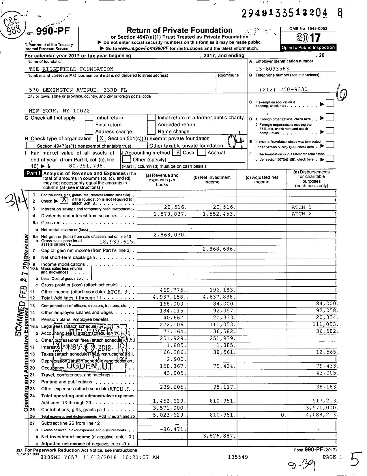 Image of first page of 2017 Form 990PF for Ridgefield Foundation
