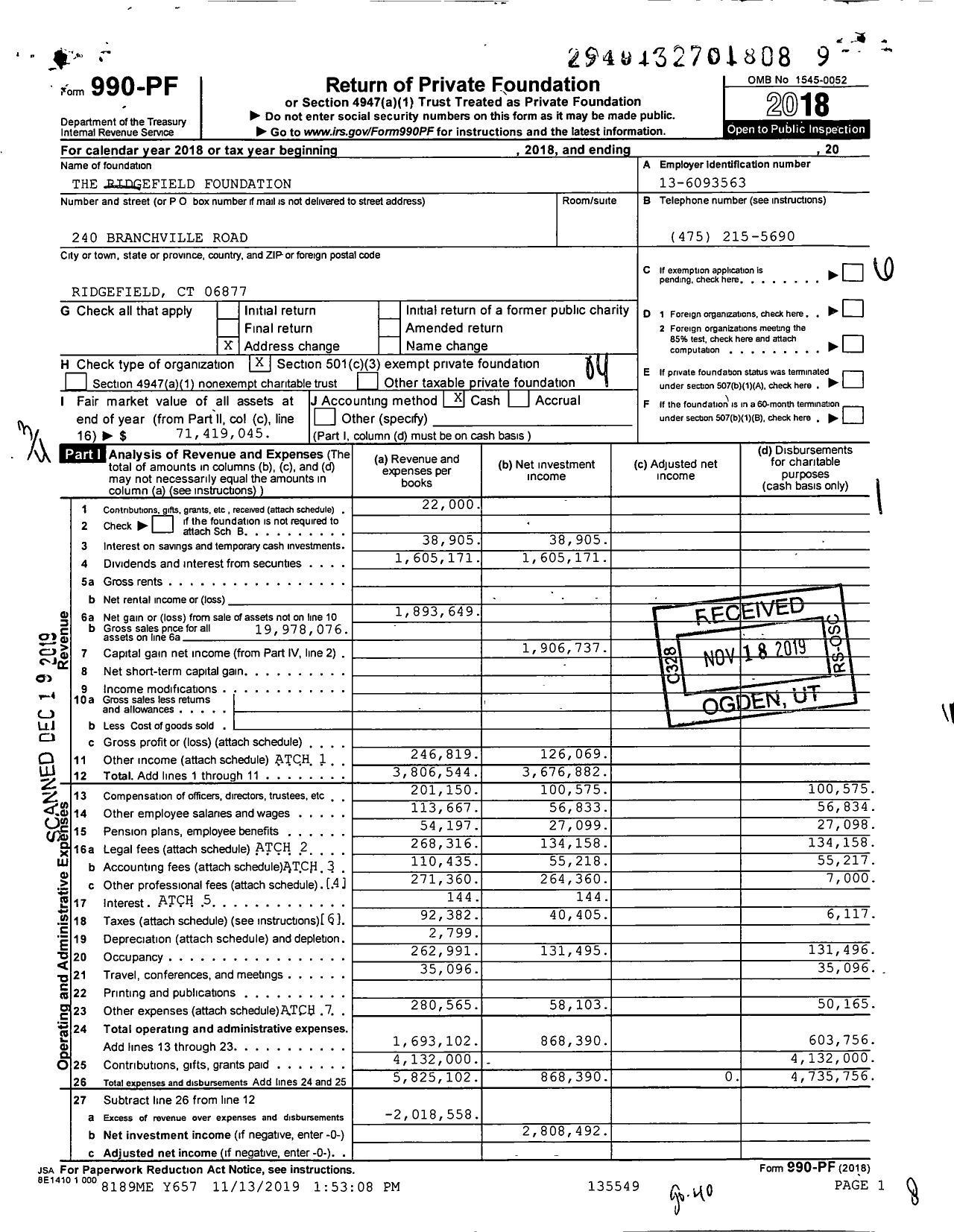 Image of first page of 2018 Form 990PF for Ridgefield Foundation