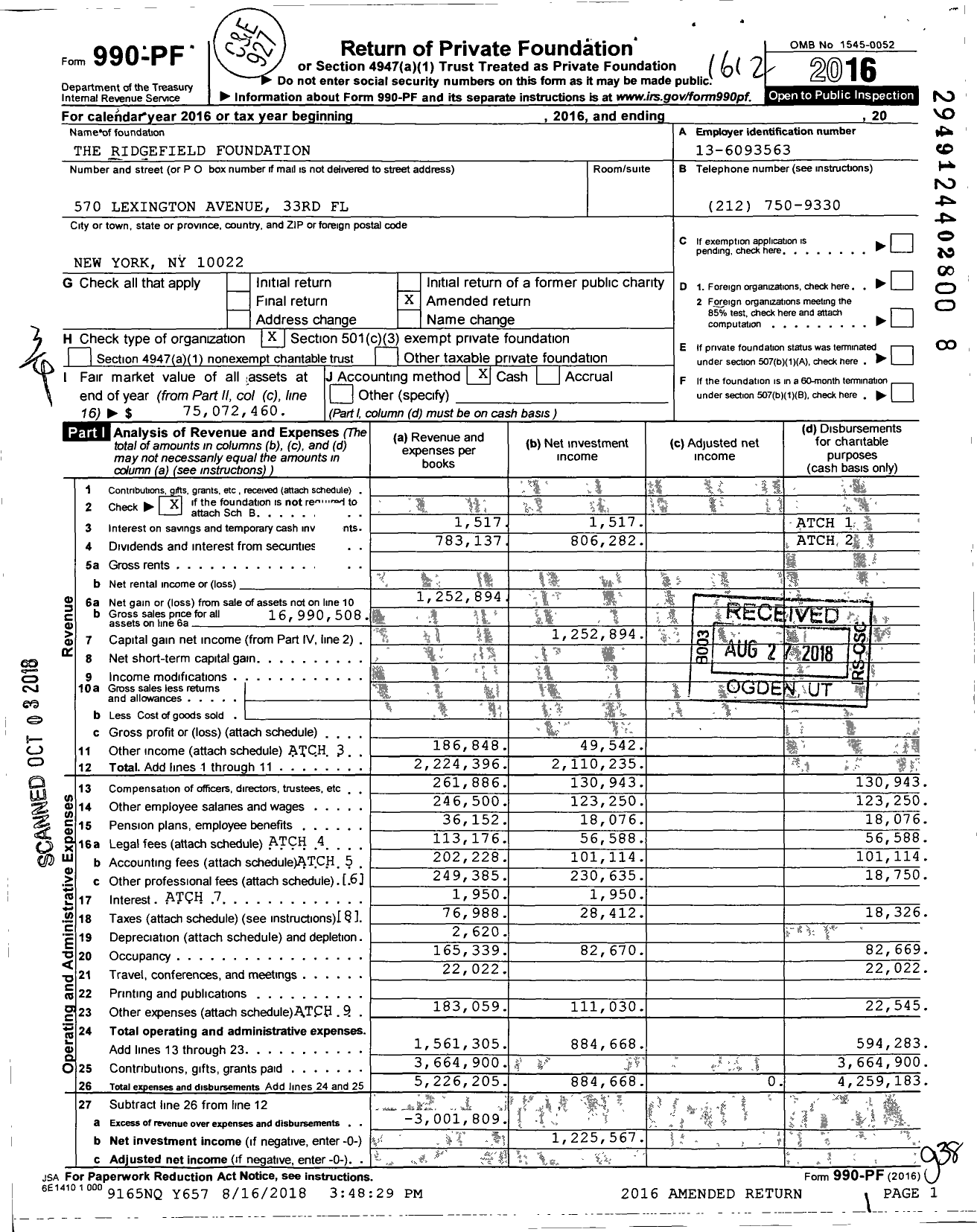 Image of first page of 2016 Form 990PF for Ridgefield Foundation
