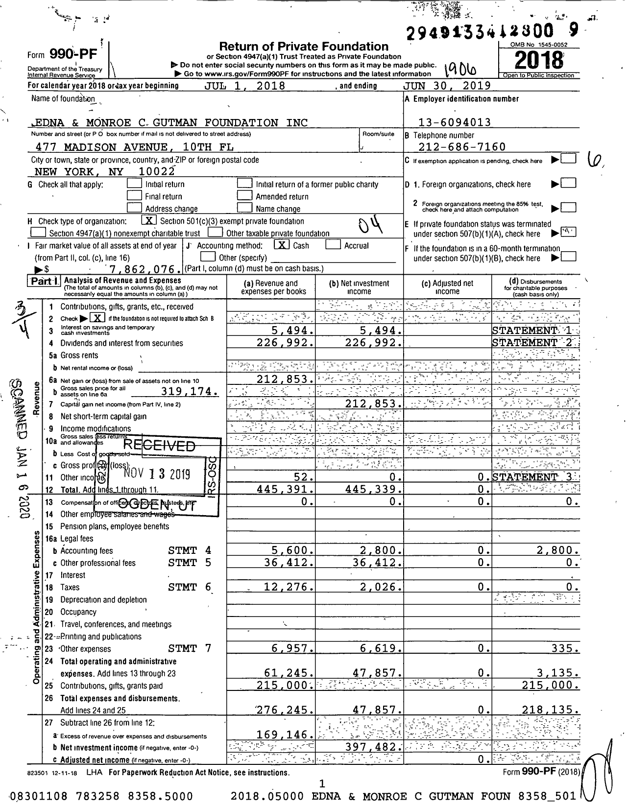 Image of first page of 2018 Form 990PF for Edna and Monroe C Gutman Foundation