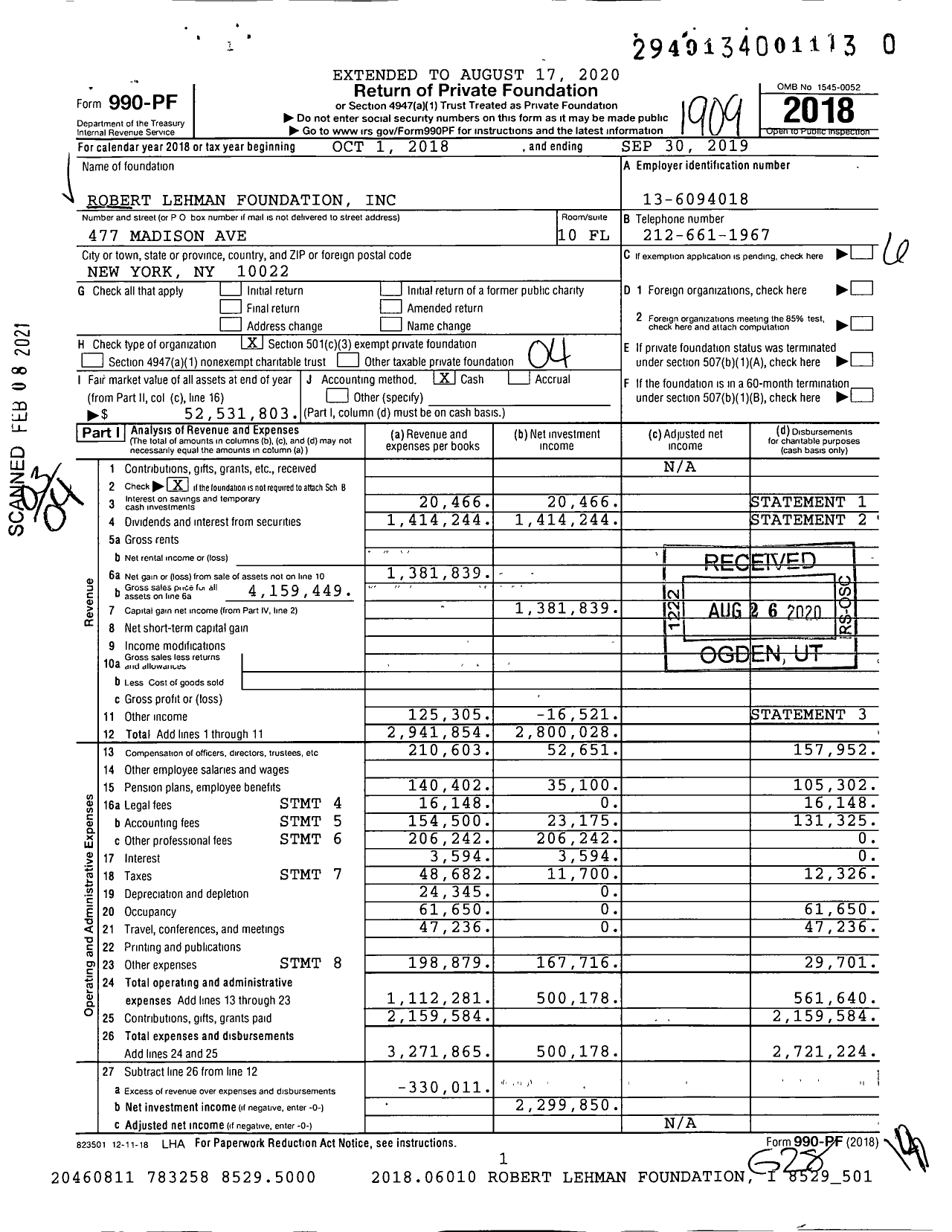 Image of first page of 2018 Form 990PF for Robert Lehman Foundation