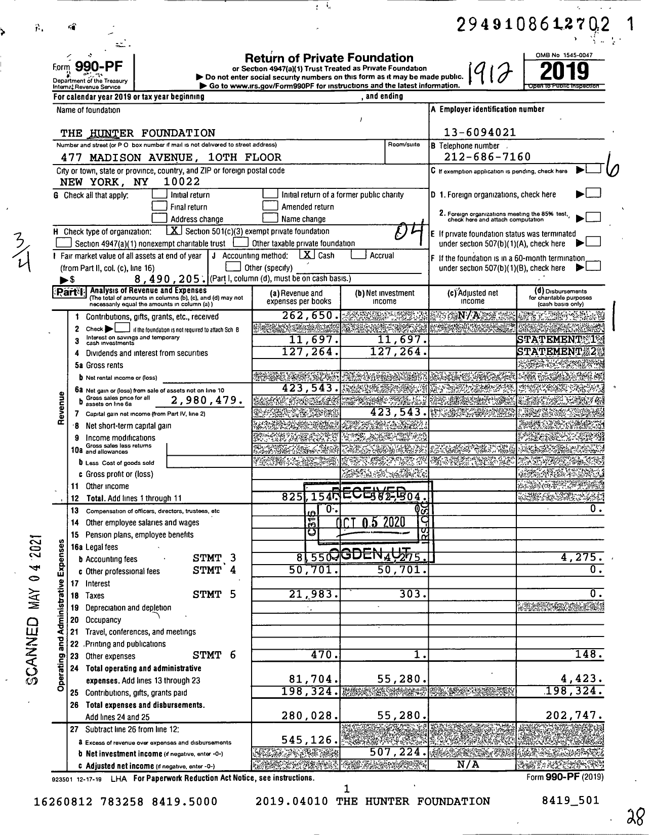 Image of first page of 2019 Form 990PF for The Hunter Foundation