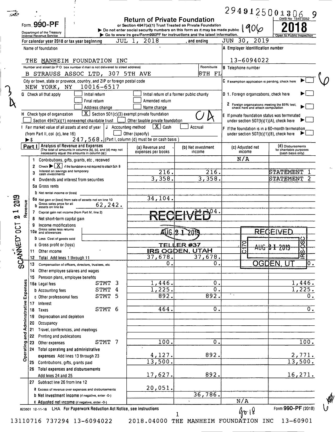 Image of first page of 2018 Form 990PF for The Manheim Foundation