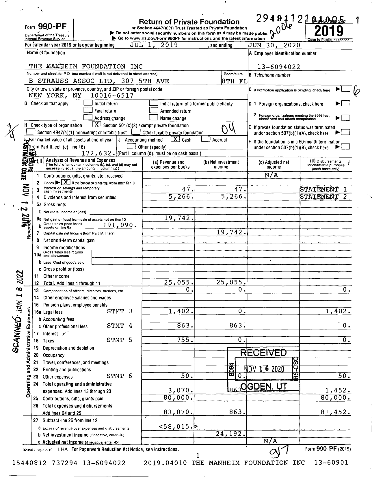 Image of first page of 2019 Form 990PF for The Manheim Foundation