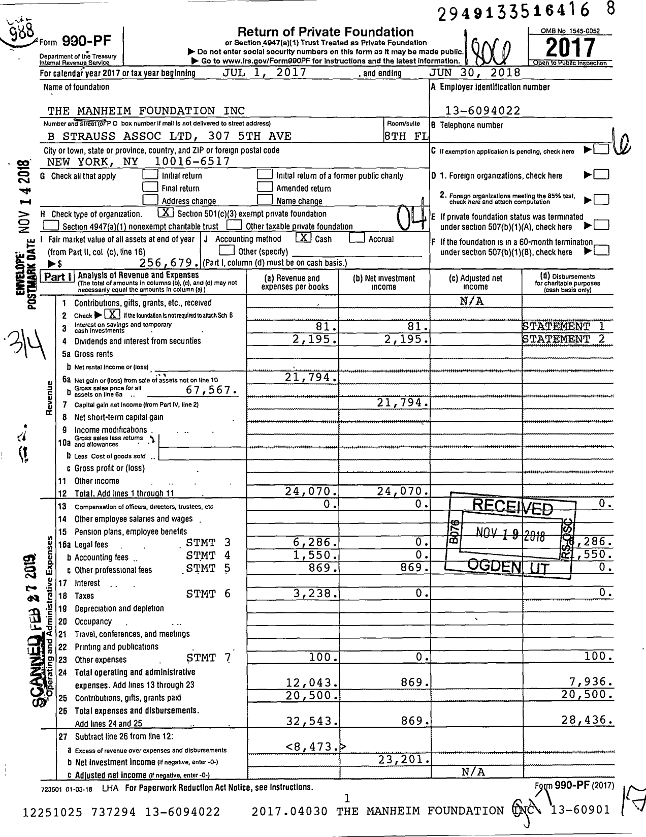 Image of first page of 2017 Form 990PF for The Manheim Foundation