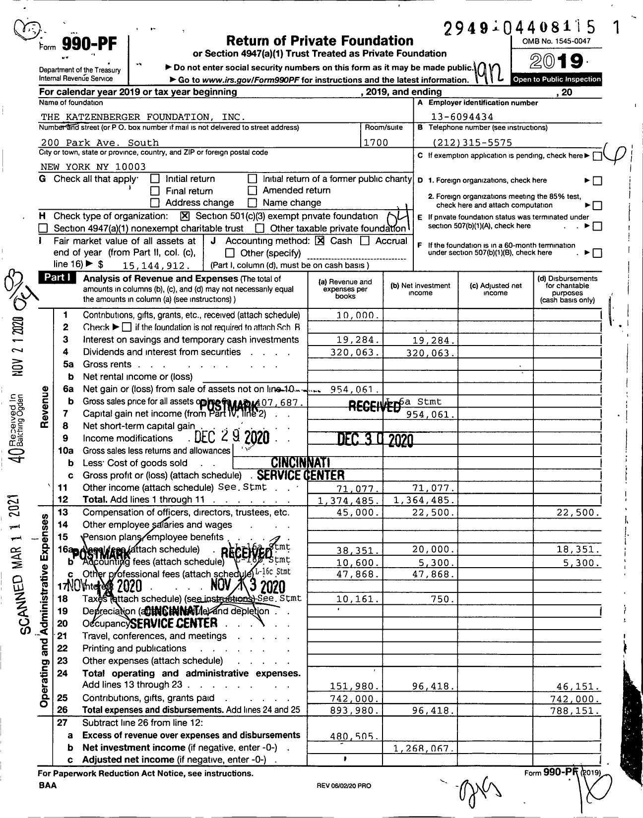 Image of first page of 2019 Form 990PF for The Katzenberger Foundation
