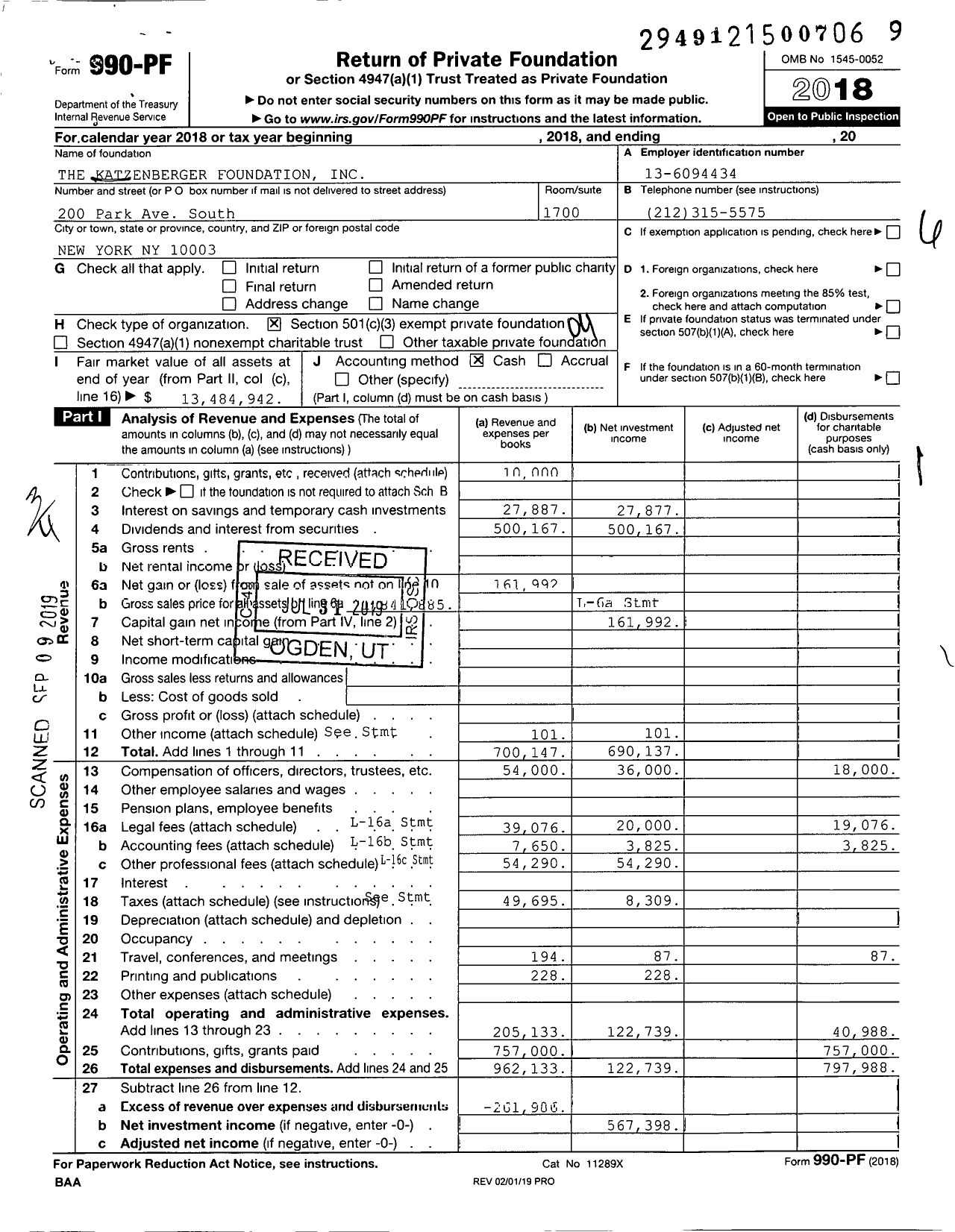 Image of first page of 2018 Form 990PF for The Katzenberger Foundation