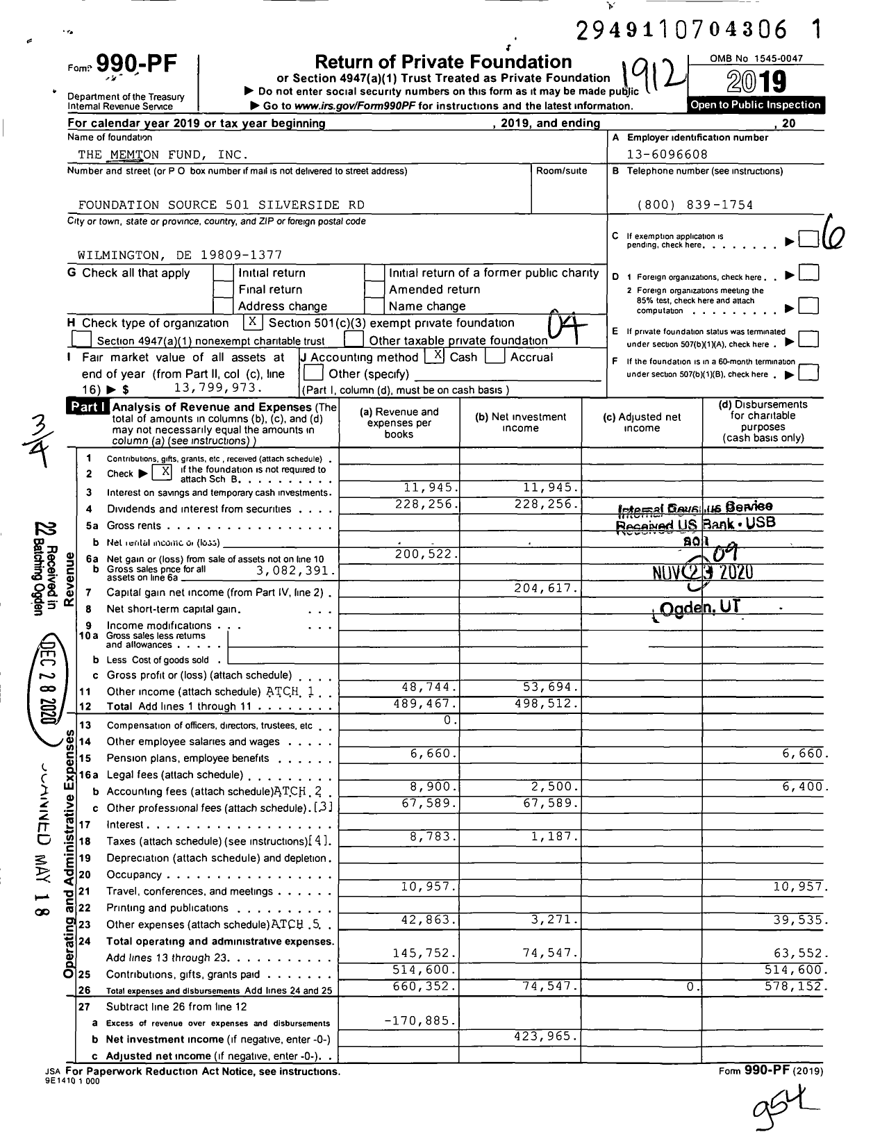 Image of first page of 2019 Form 990PF for The Memton Fund