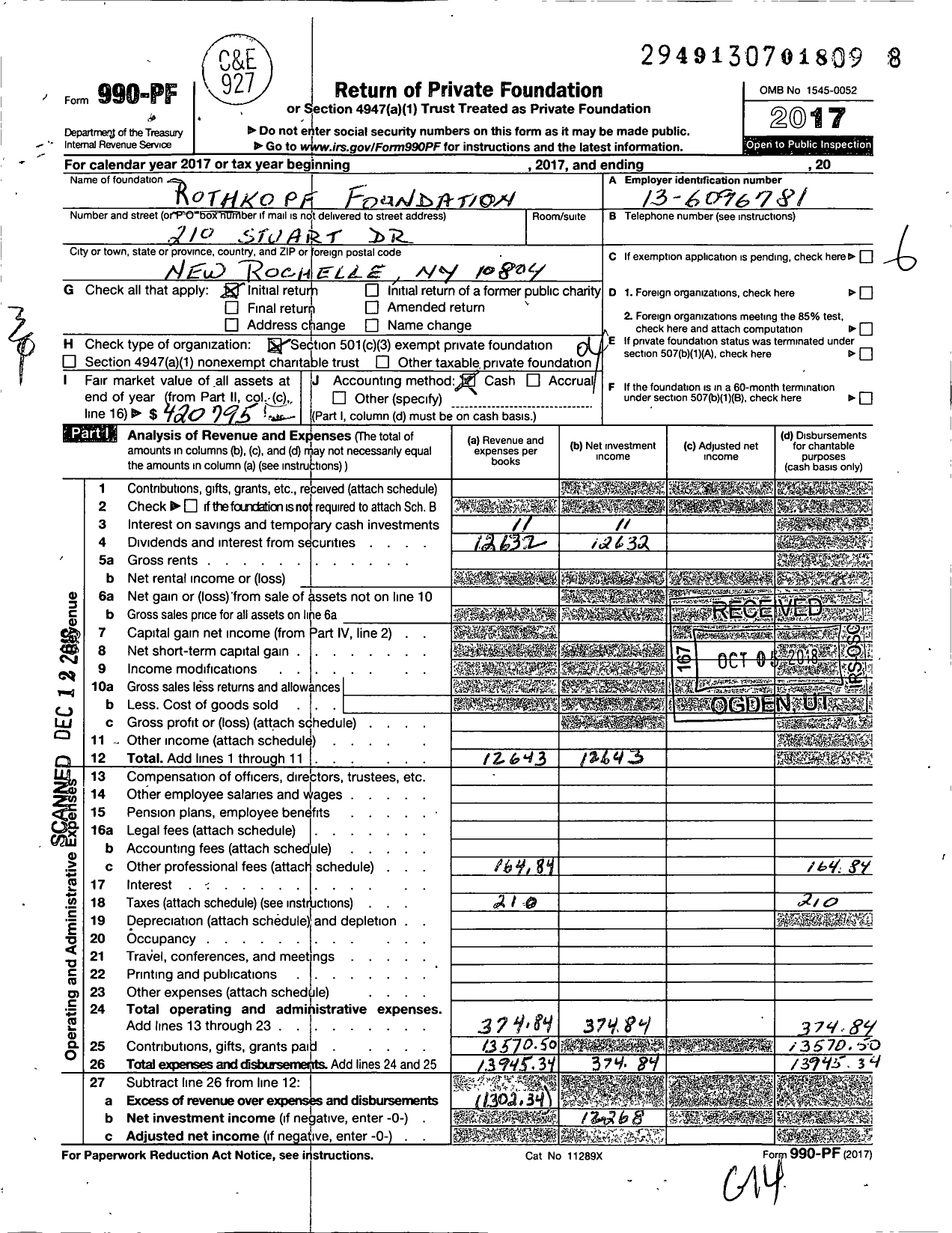 Image of first page of 2017 Form 990PF for Rothkopf Foundation