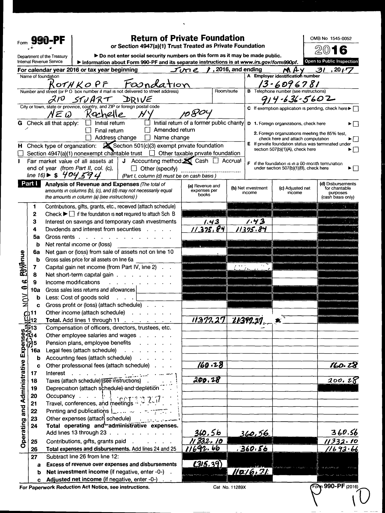 Image of first page of 2016 Form 990PF for Rothkopf Foundation