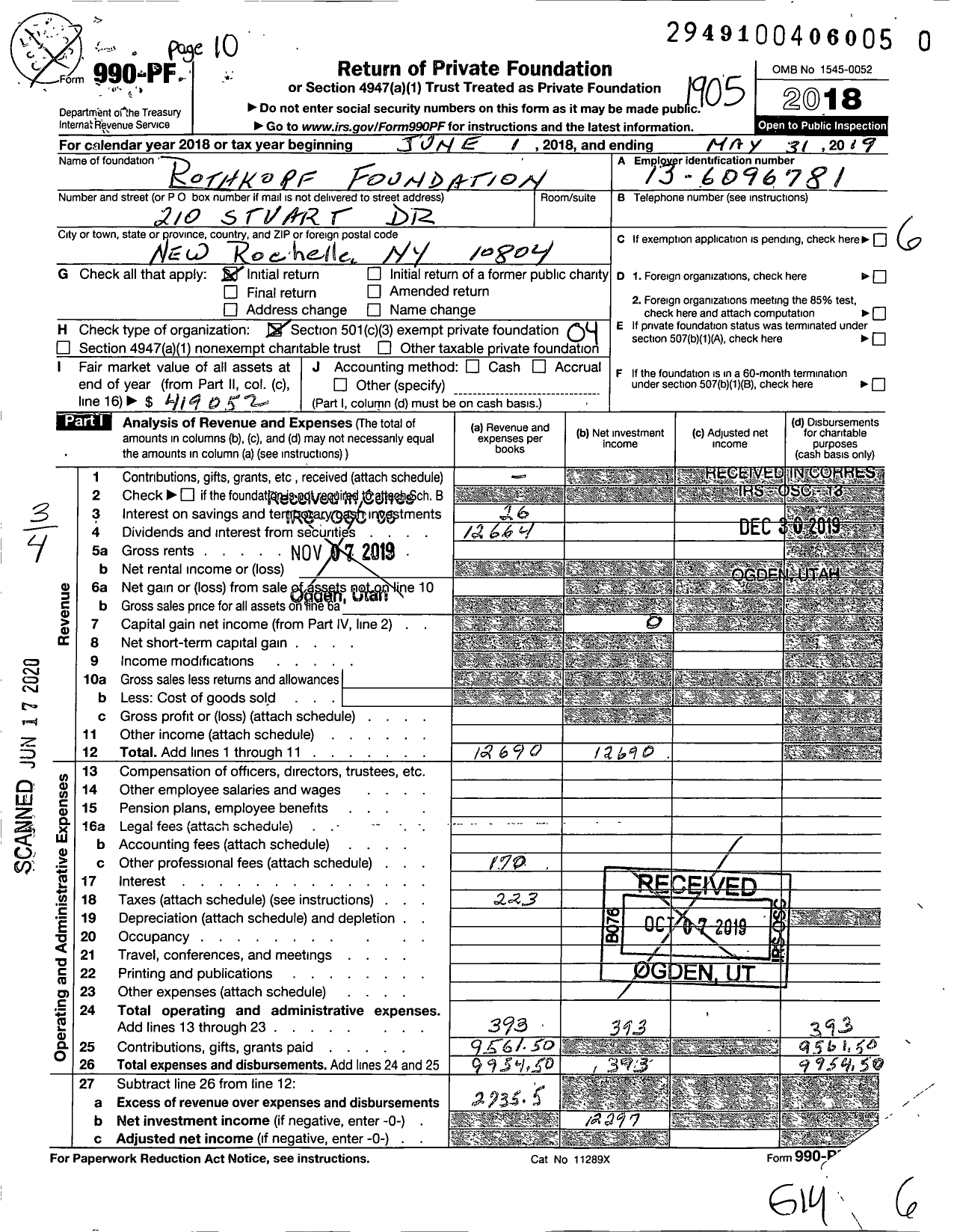 Image of first page of 2018 Form 990PR for Rothkopf Foundation