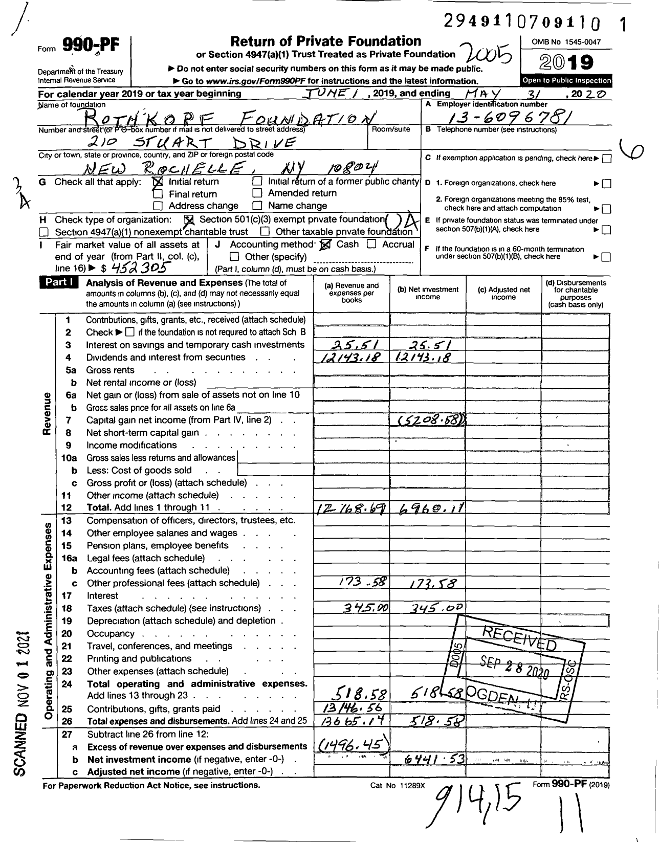 Image of first page of 2019 Form 990PF for Rothkopf Foundation