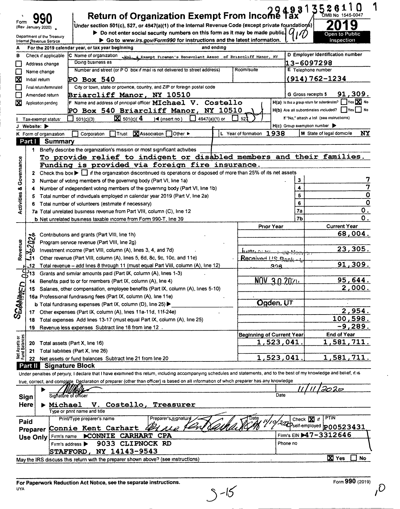 Image of first page of 2019 Form 990O for Vol & Exempt Firefighters' Benevolent Assoc of Briarcliff Manor NY