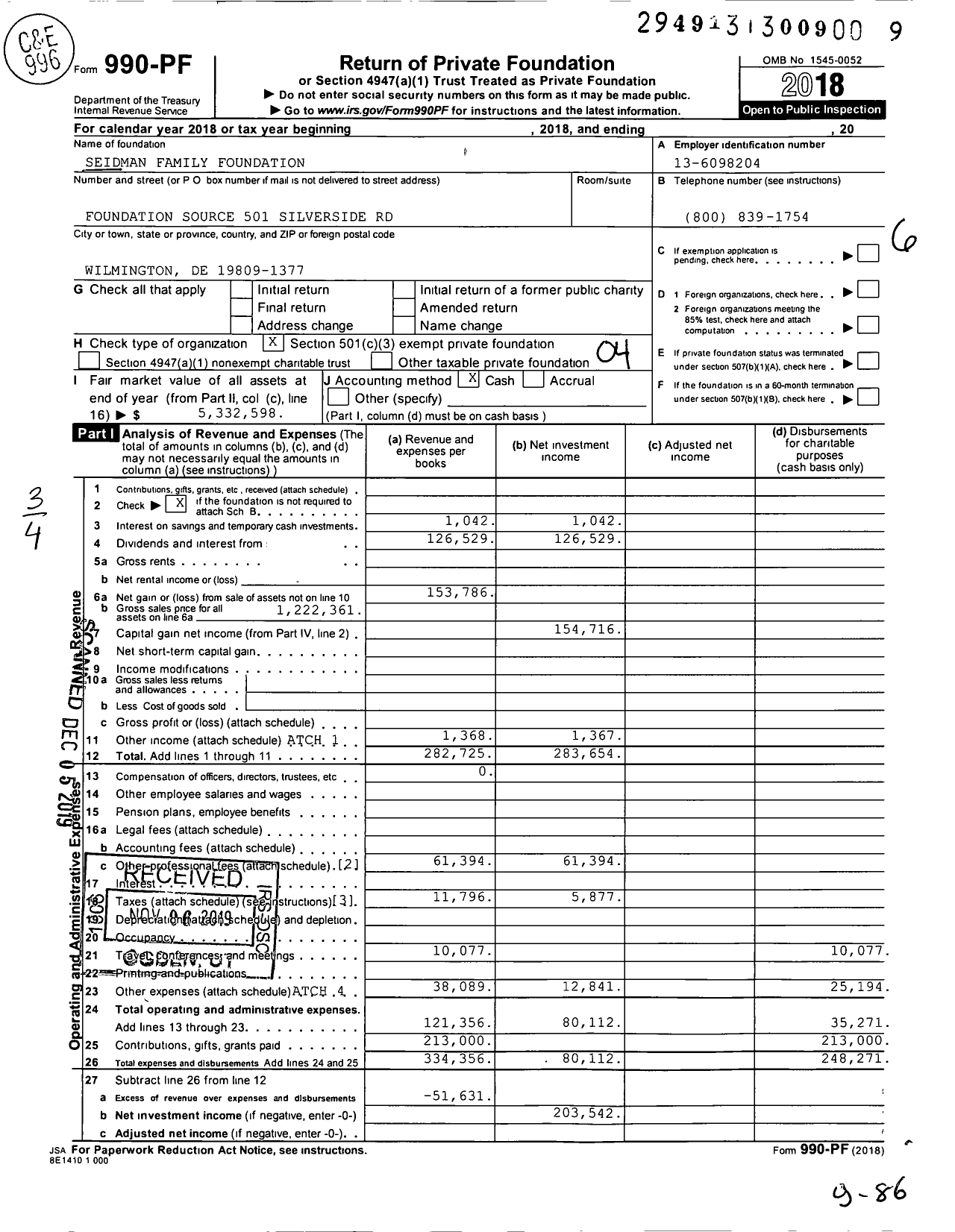 Image of first page of 2018 Form 990PF for Seidman Family Foundation