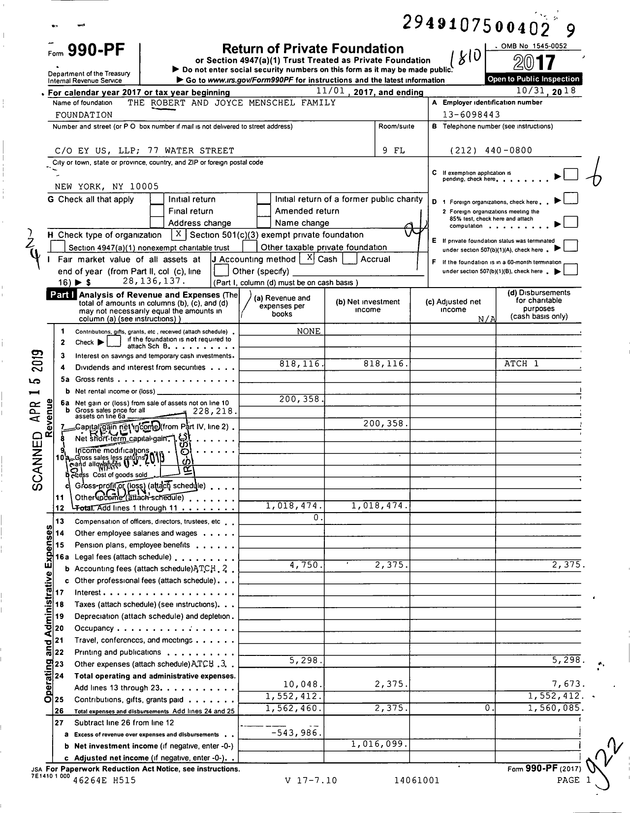 Image of first page of 2017 Form 990PF for The Robert and Joyce Menschel Family Foundation