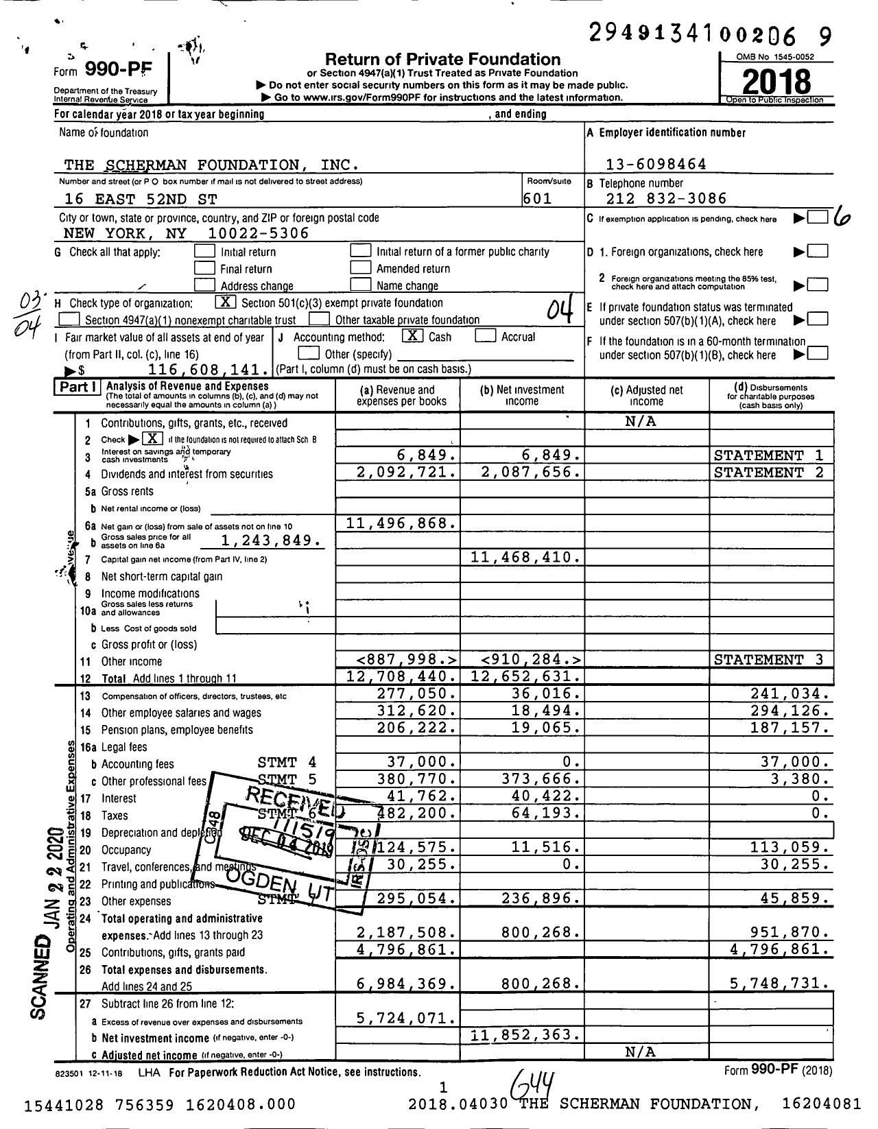 Image of first page of 2018 Form 990PF for The Scherman Foundation