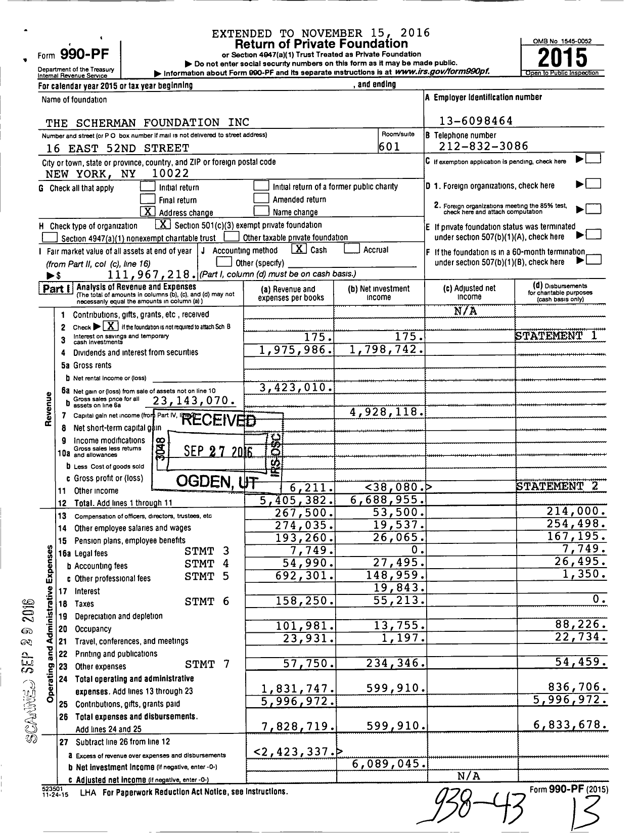 Image of first page of 2015 Form 990PF for The Scherman Foundation
