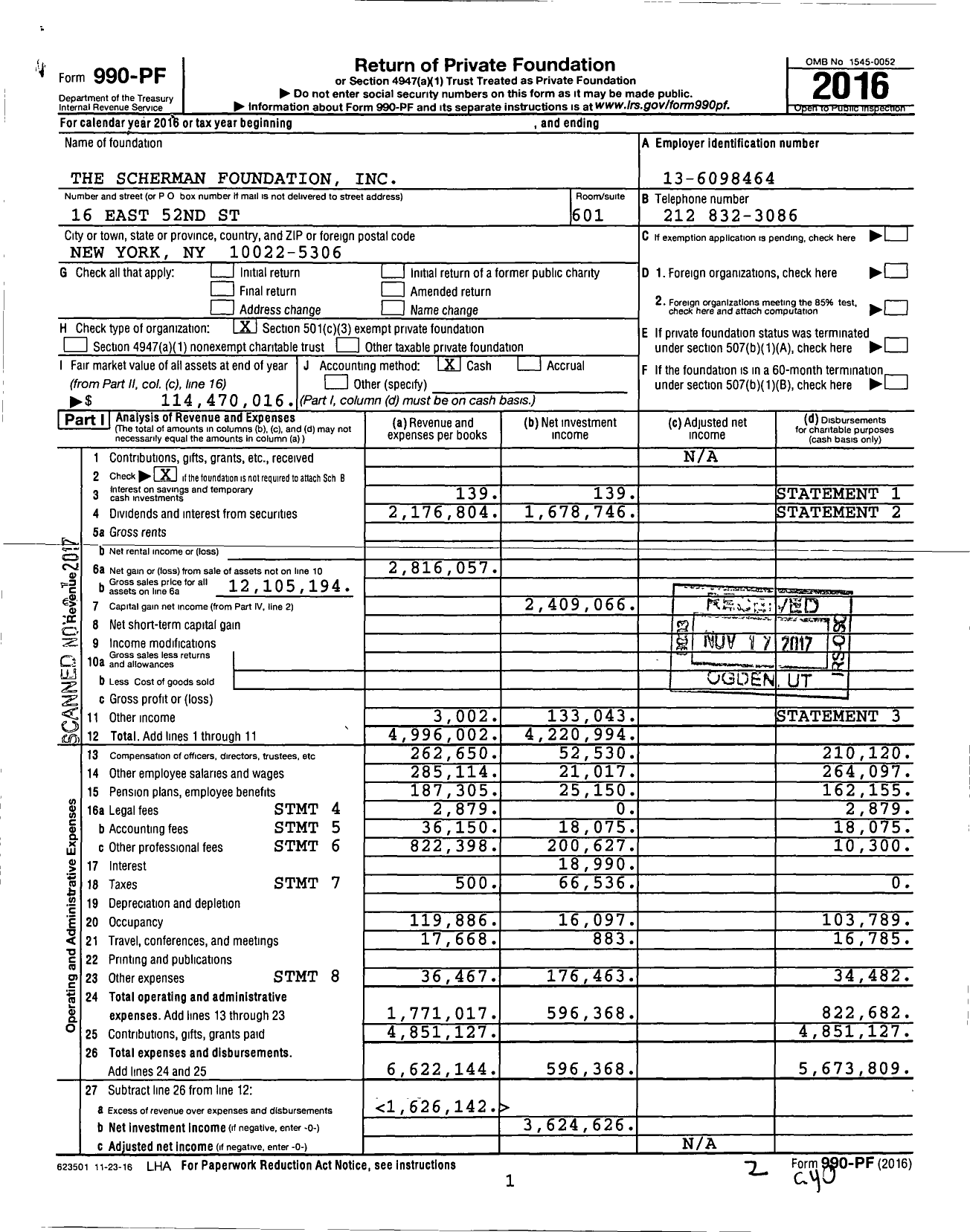 Image of first page of 2016 Form 990PF for The Scherman Foundation