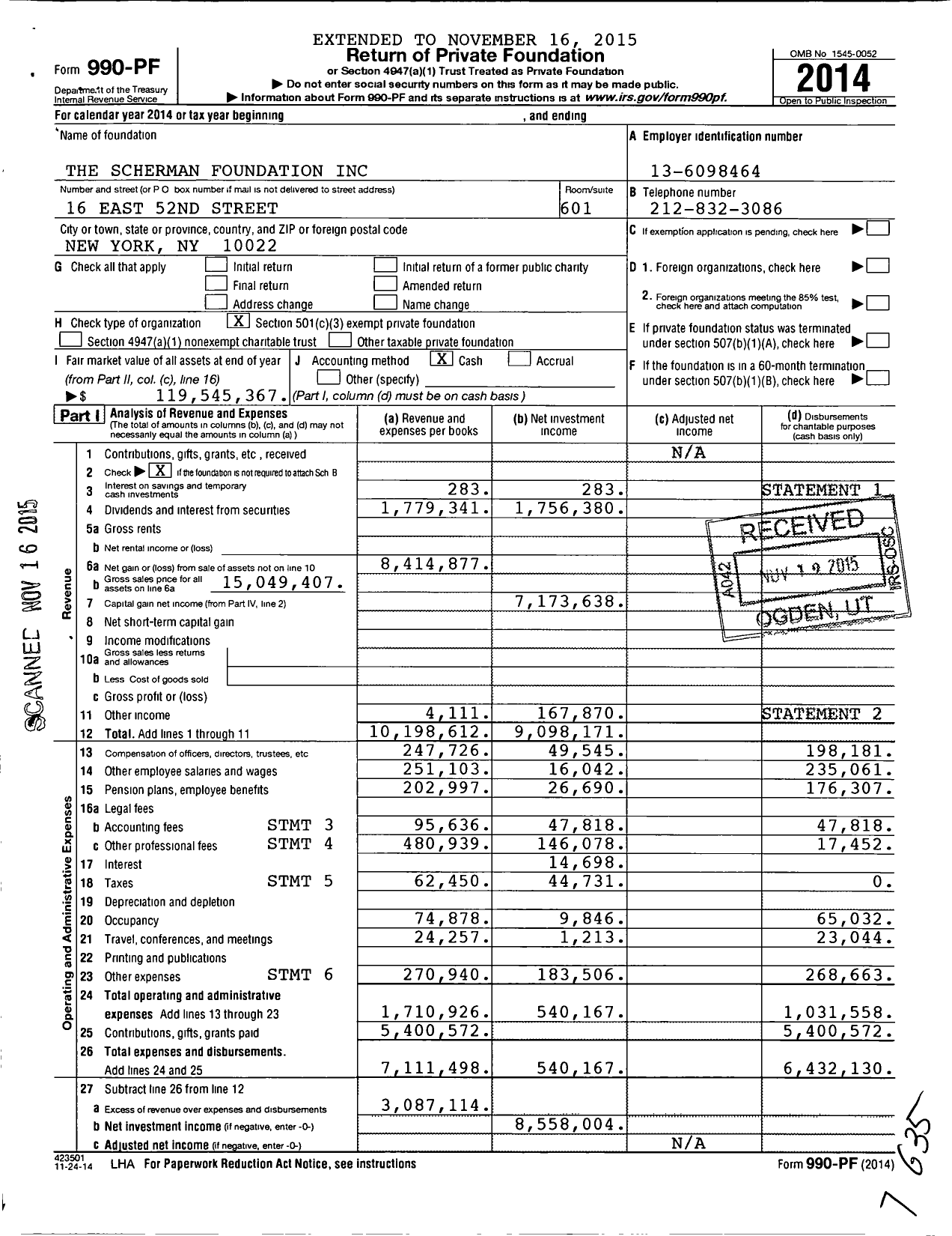 Image of first page of 2014 Form 990PF for The Scherman Foundation