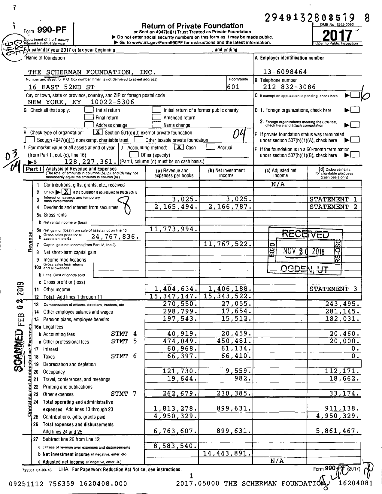 Image of first page of 2017 Form 990PF for The Scherman Foundation