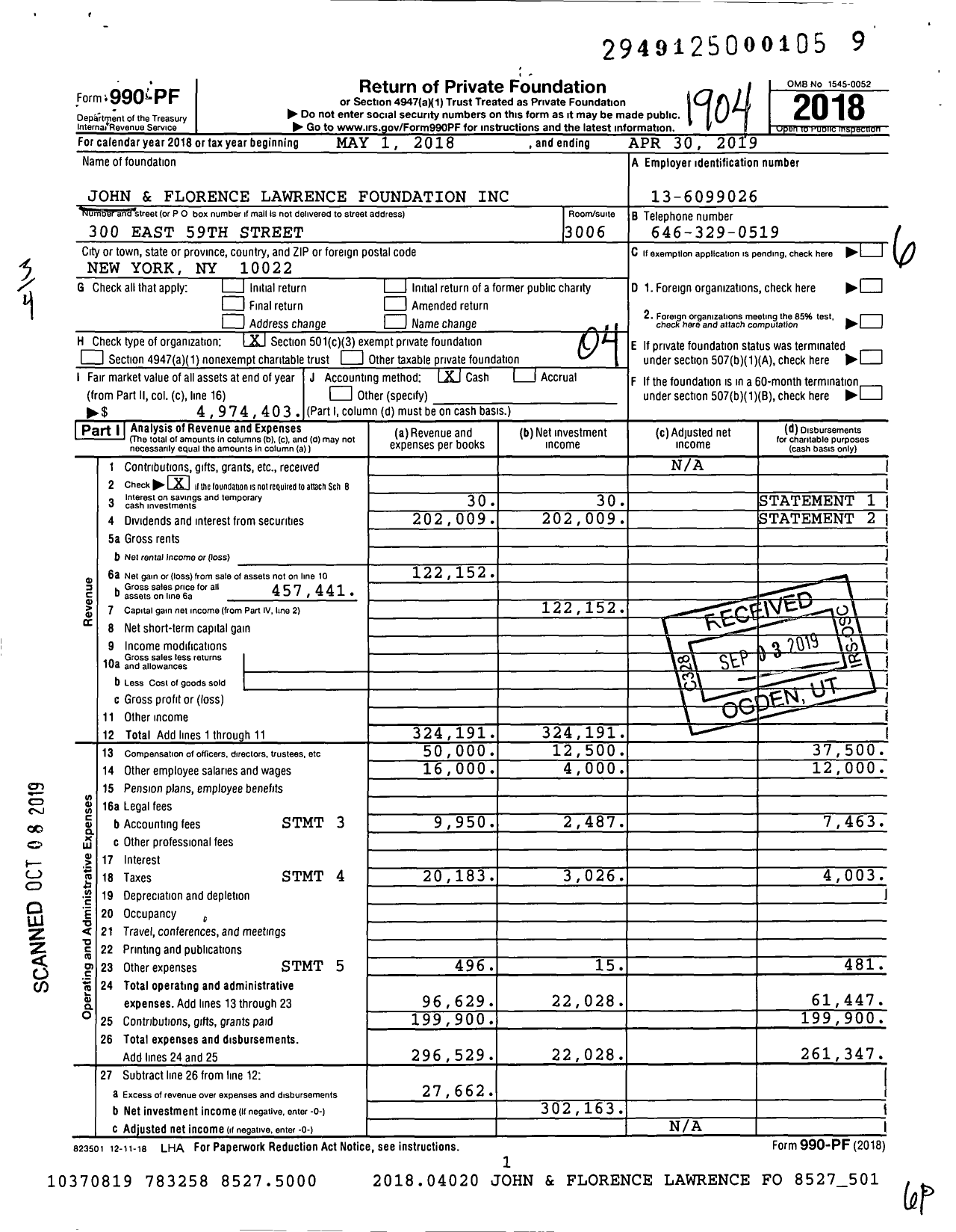 Image of first page of 2018 Form 990PF for John and Florence Lawrence Foundation