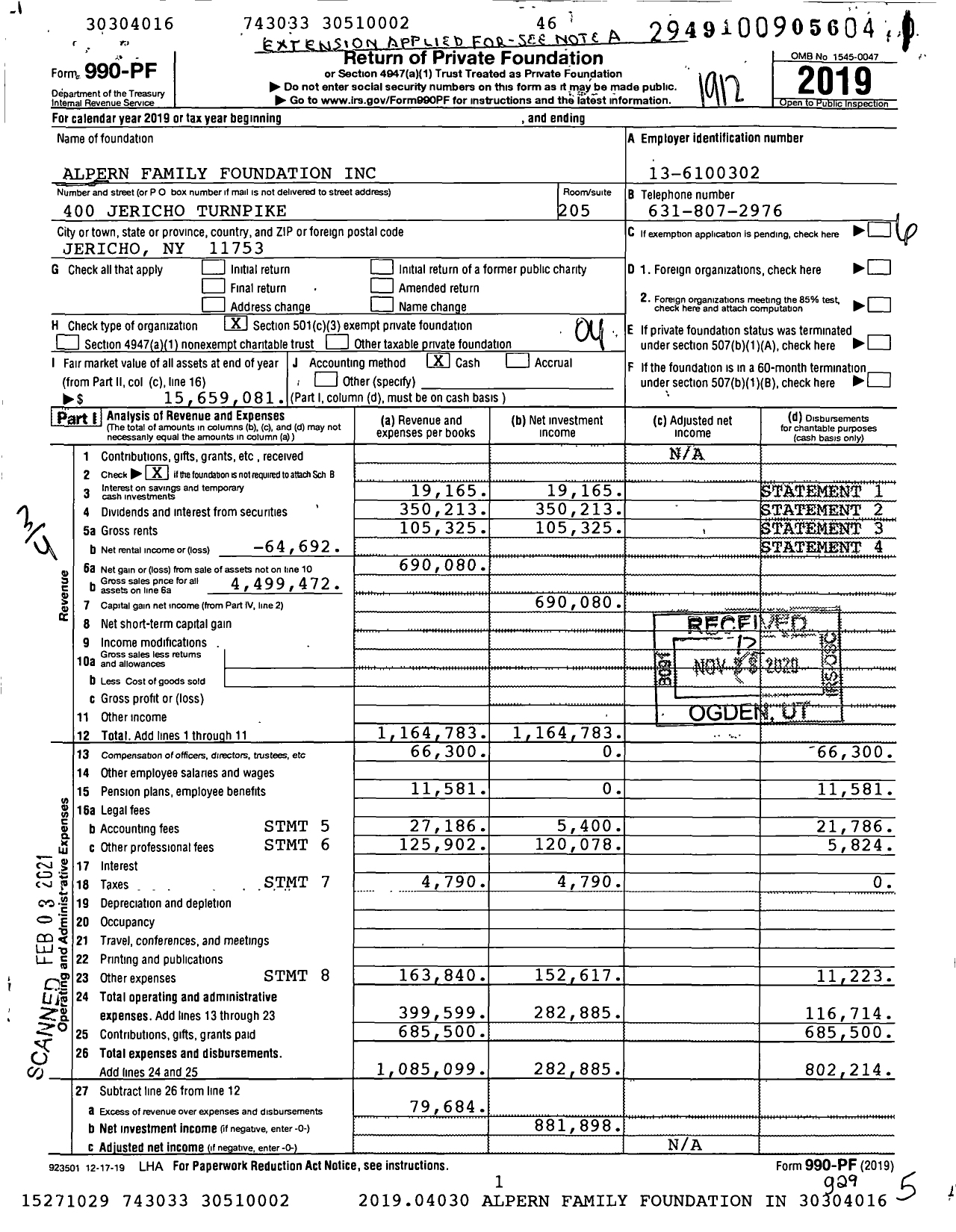 Image of first page of 2019 Form 990PF for Alpern Family Foundation