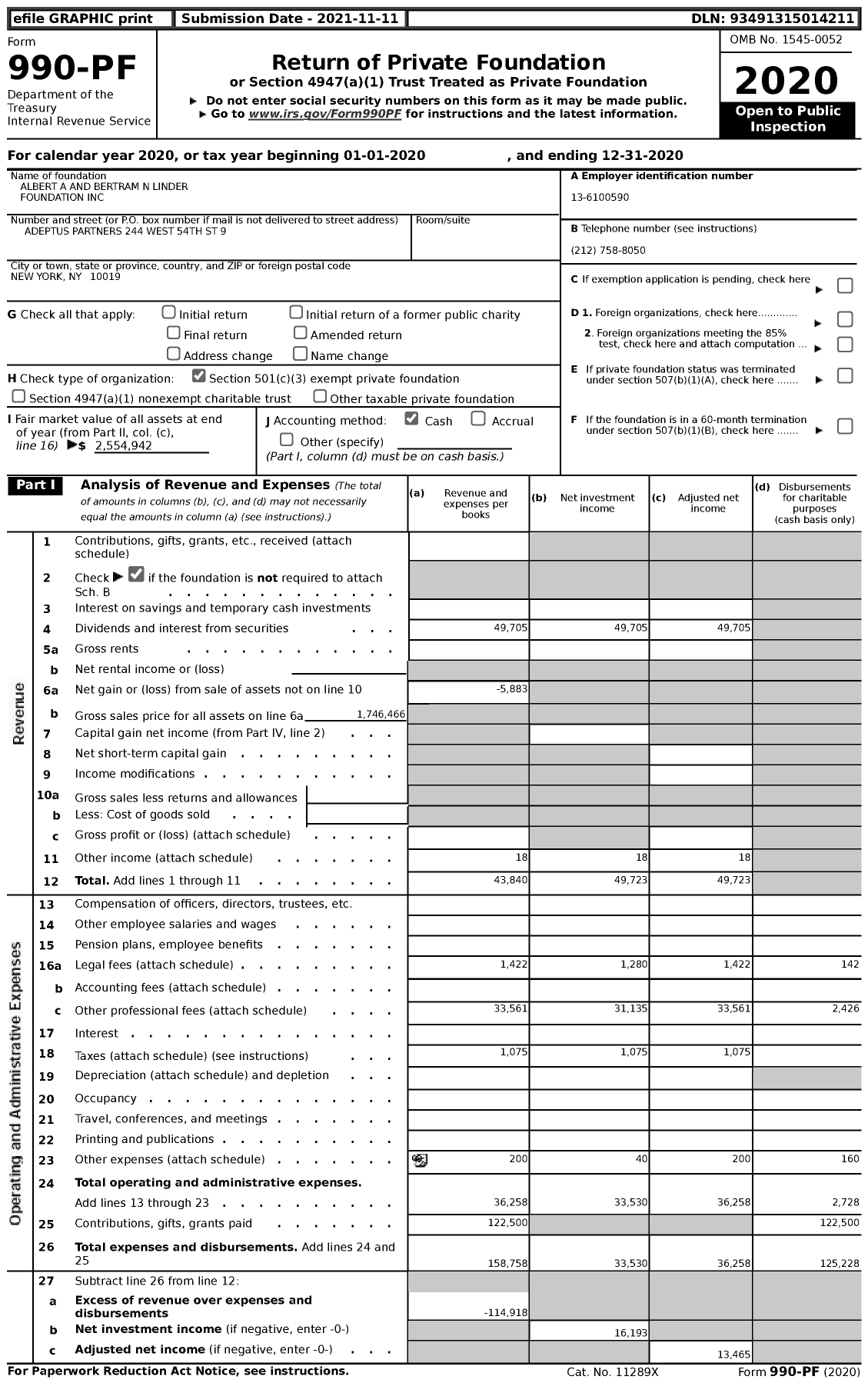 Image of first page of 2020 Form 990PF for Albert A and Bertram N Linder Foundation