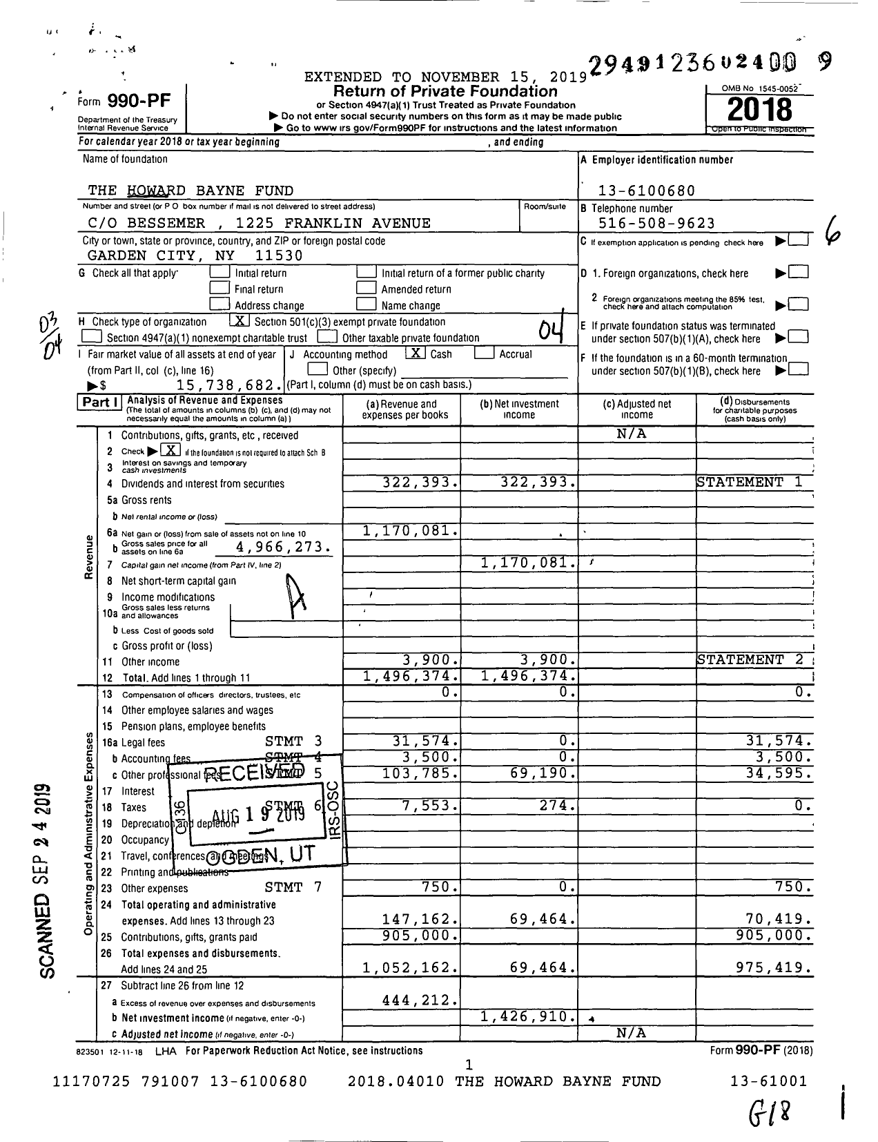 Image of first page of 2018 Form 990PF for The Howard Bayne Fund