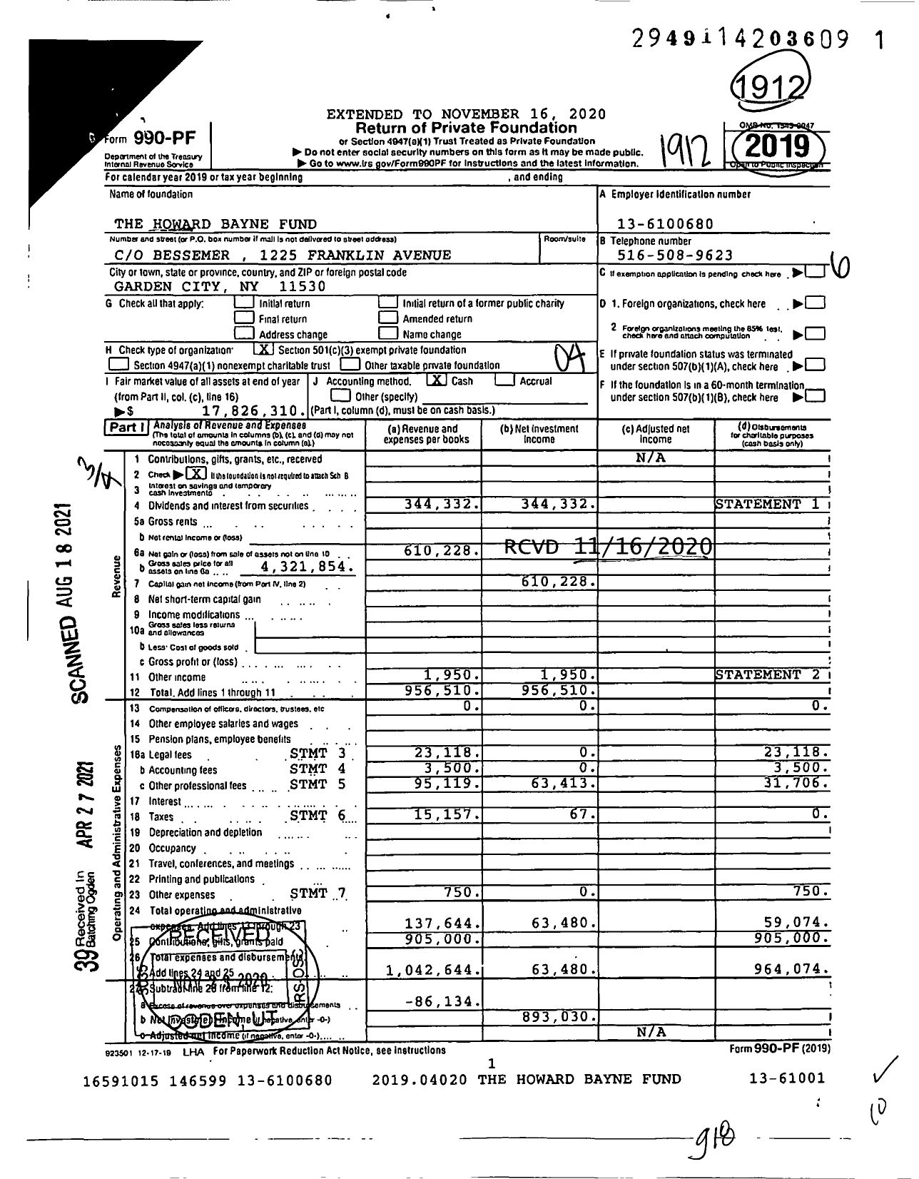 Image of first page of 2019 Form 990PF for The Howard Bayne Fund