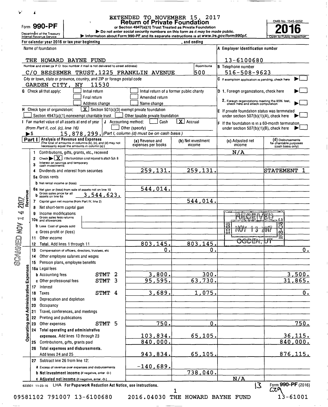 Image of first page of 2016 Form 990PF for The Howard Bayne Fund