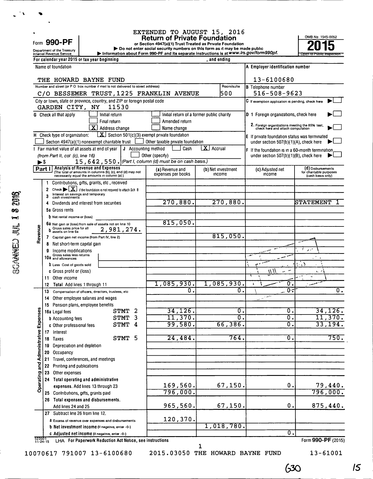 Image of first page of 2015 Form 990PF for The Howard Bayne Fund