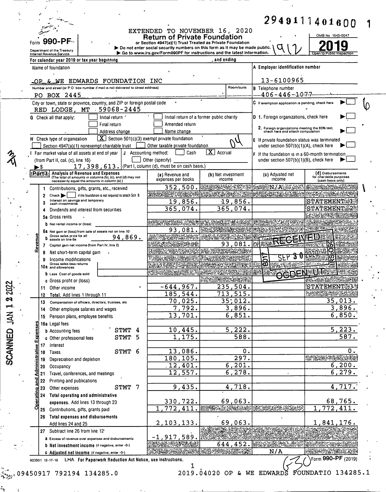 Image of first page of 2019 Form 990PF for Op and We Edwards Foundation