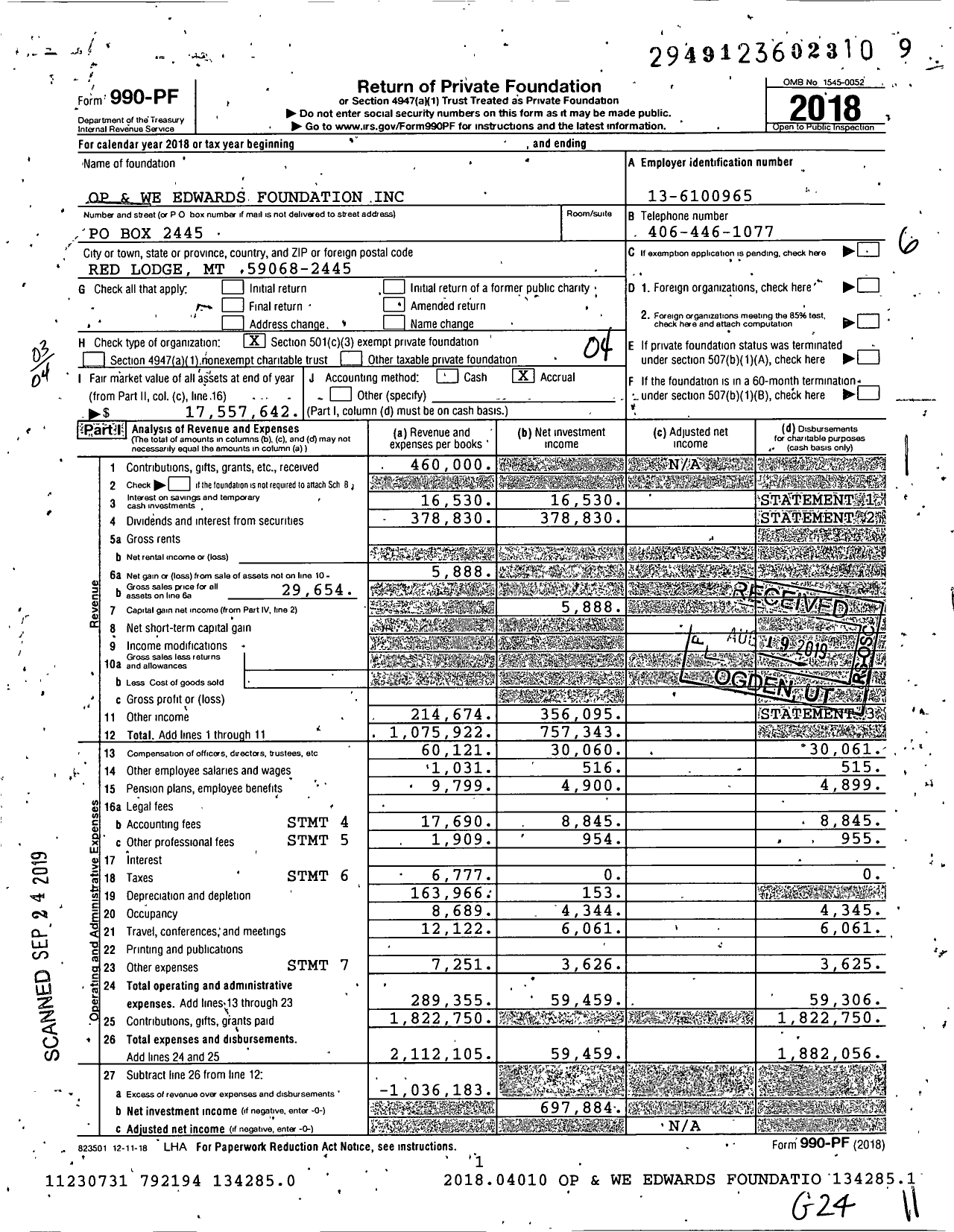 Image of first page of 2018 Form 990PF for Op and We Edwards Foundation