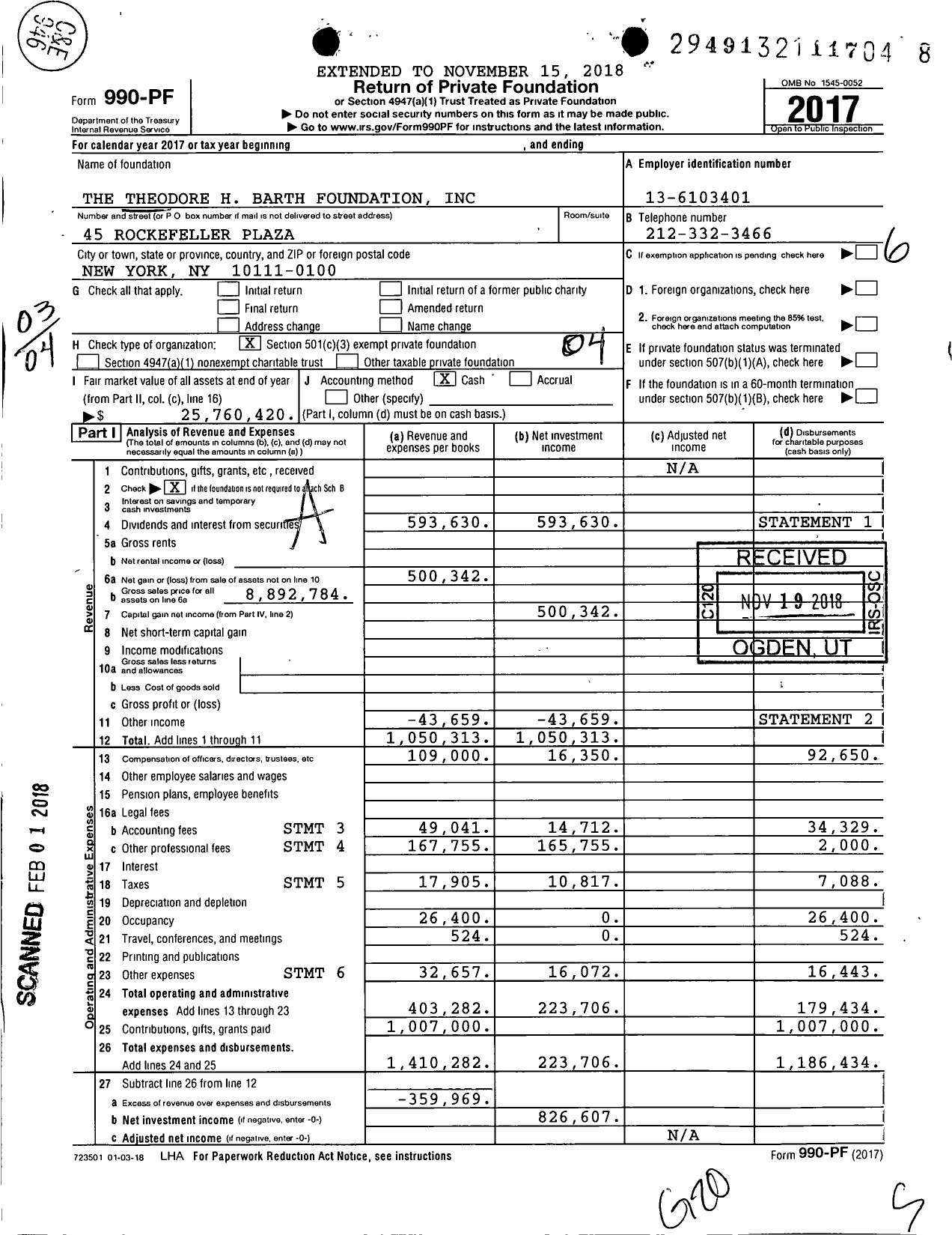 Image of first page of 2017 Form 990PF for Theodore Theodore H Barth Foundation