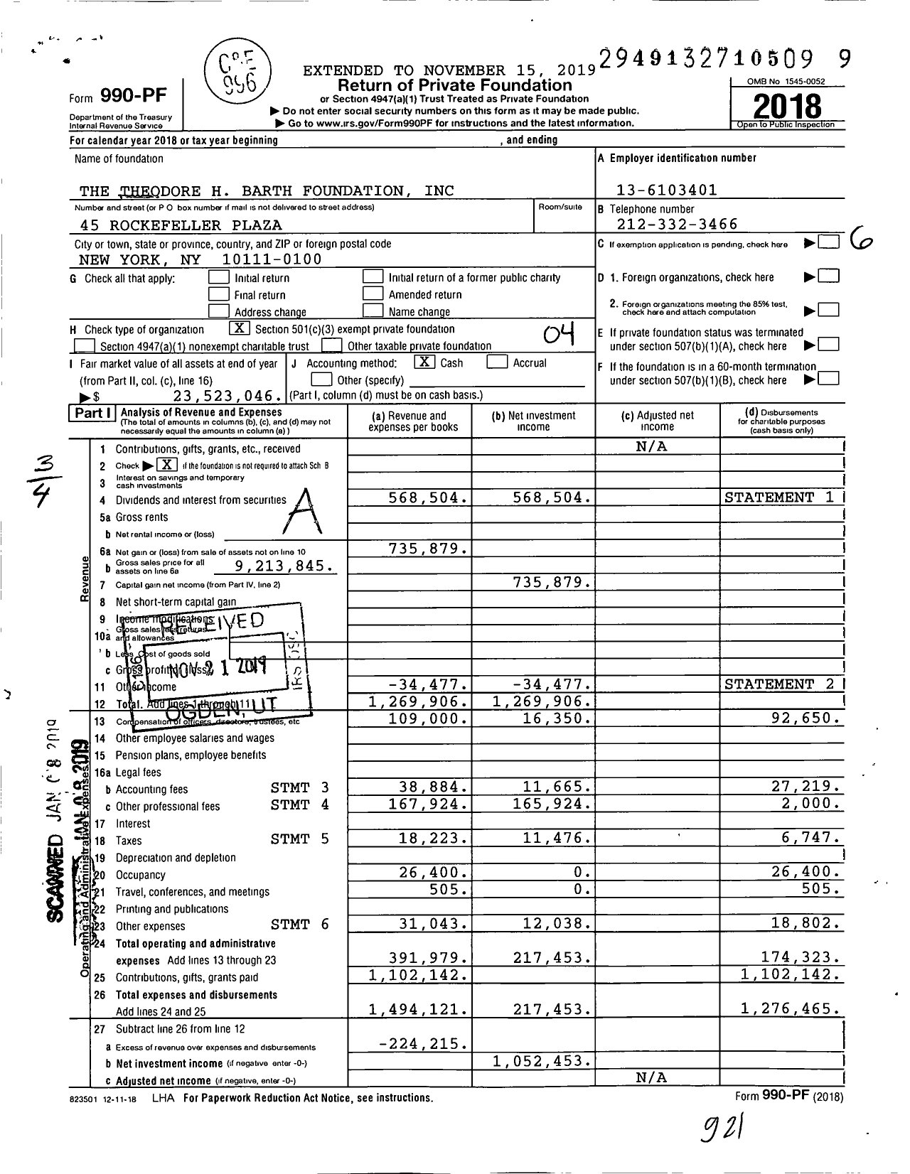 Image of first page of 2018 Form 990PF for Theodore Theodore H Barth Foundation