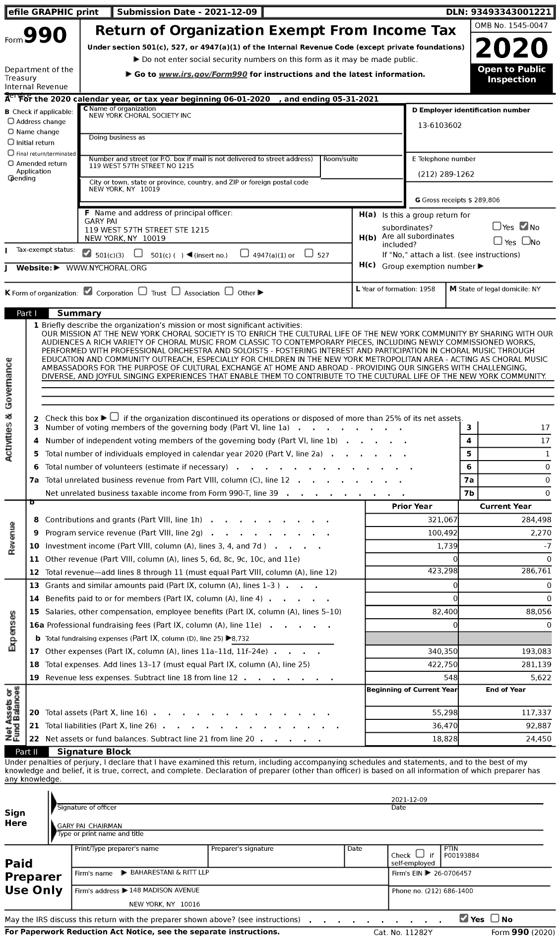 Image of first page of 2020 Form 990 for New York Choral Society