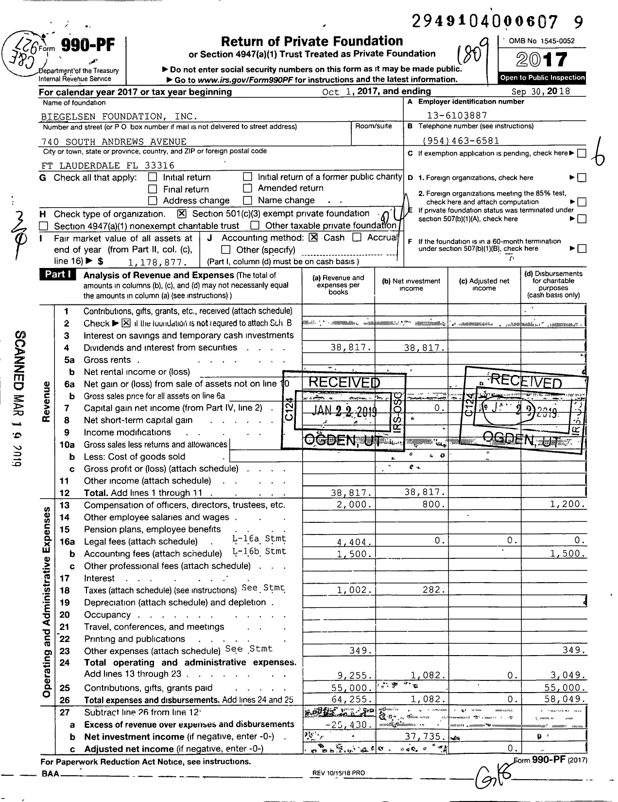 Image of first page of 2017 Form 990PF for Biegelsen Foundation