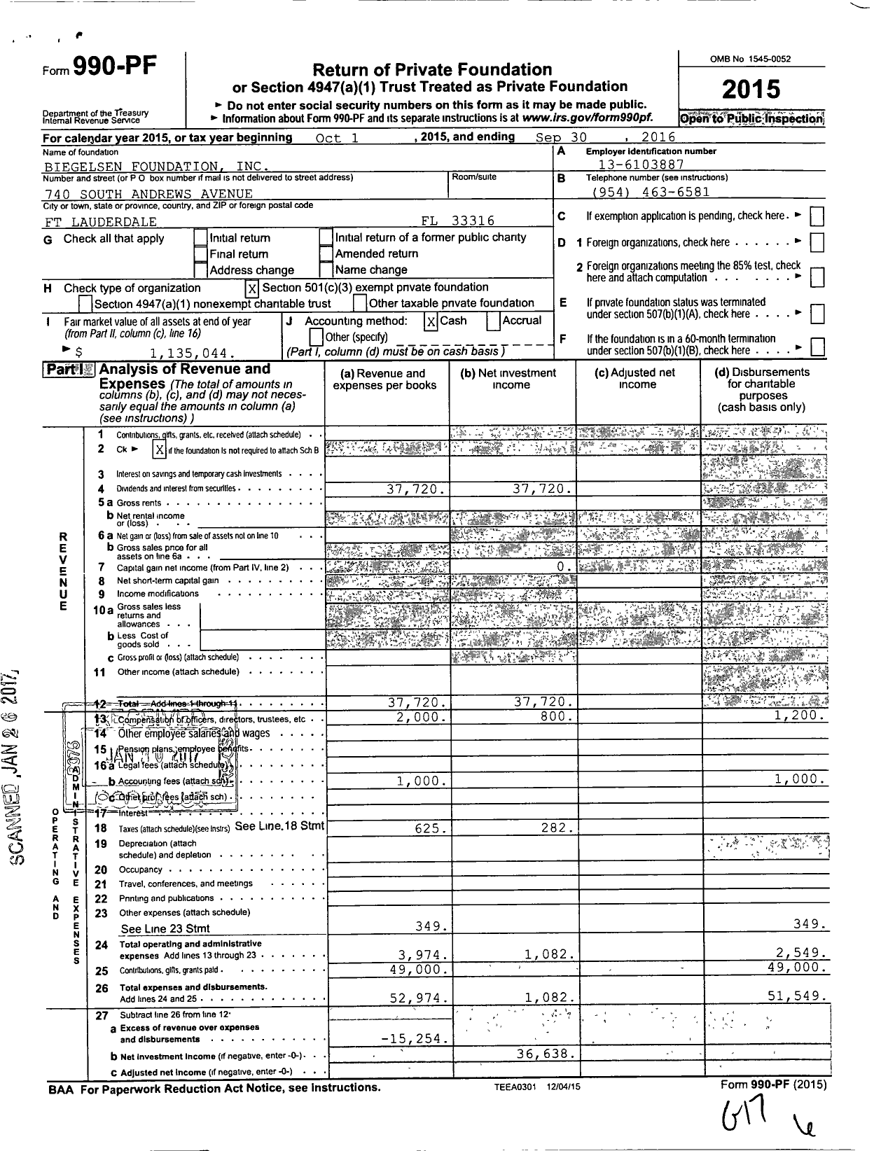 Image of first page of 2015 Form 990PF for Biegelsen Foundation