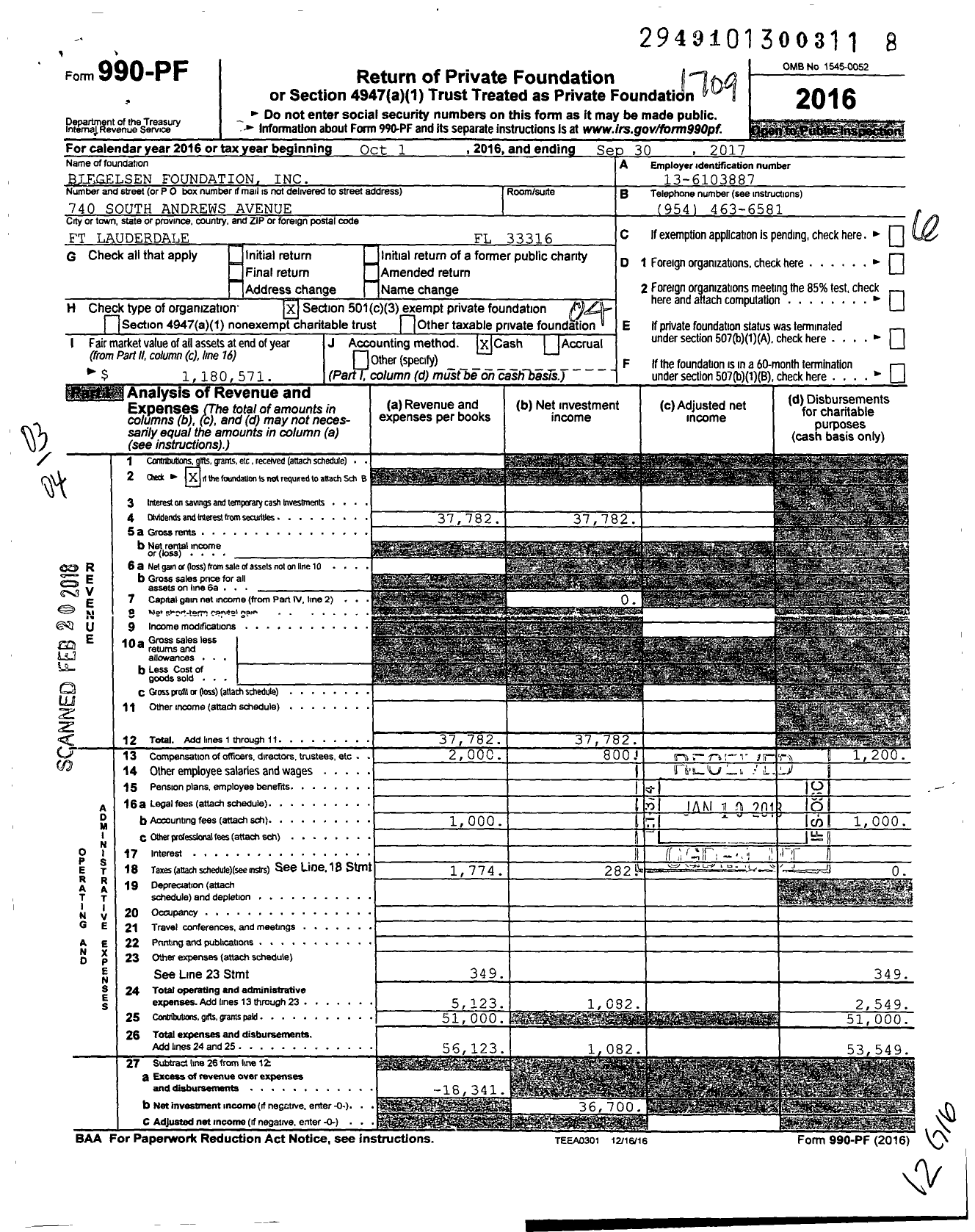 Image of first page of 2016 Form 990PF for Biegelsen Foundation