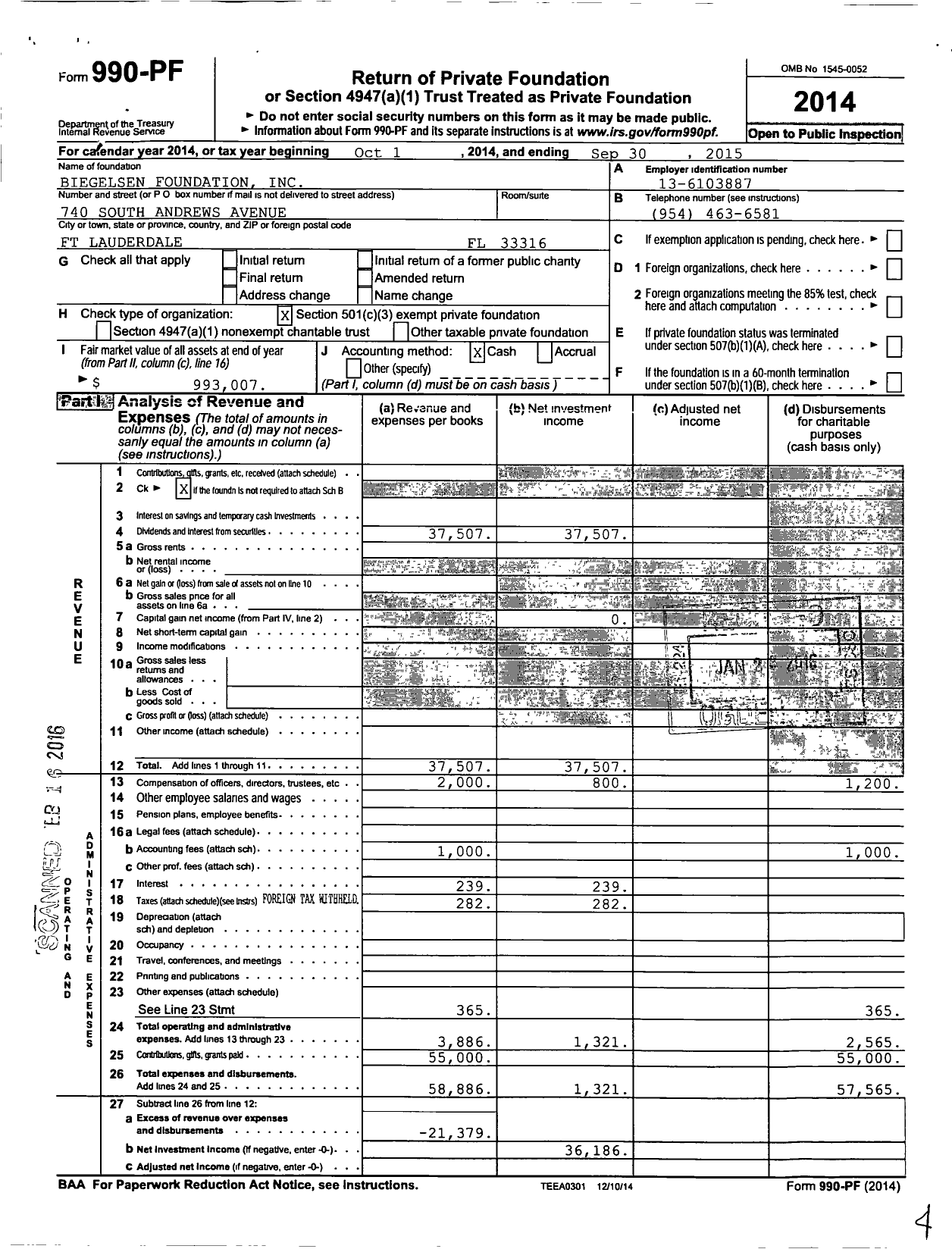 Image of first page of 2014 Form 990PF for Biegelsen Foundation