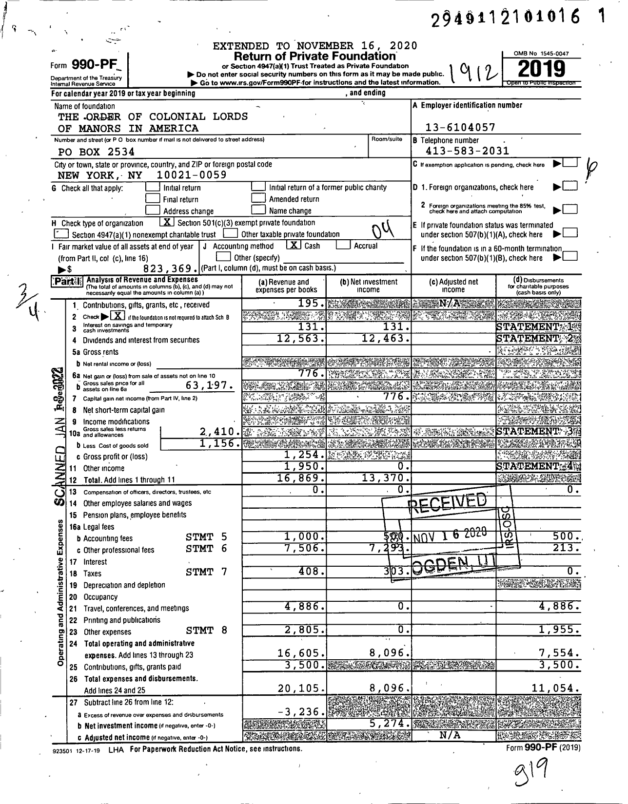 Image of first page of 2019 Form 990PF for The Order of Colonial Lords of Manors in America