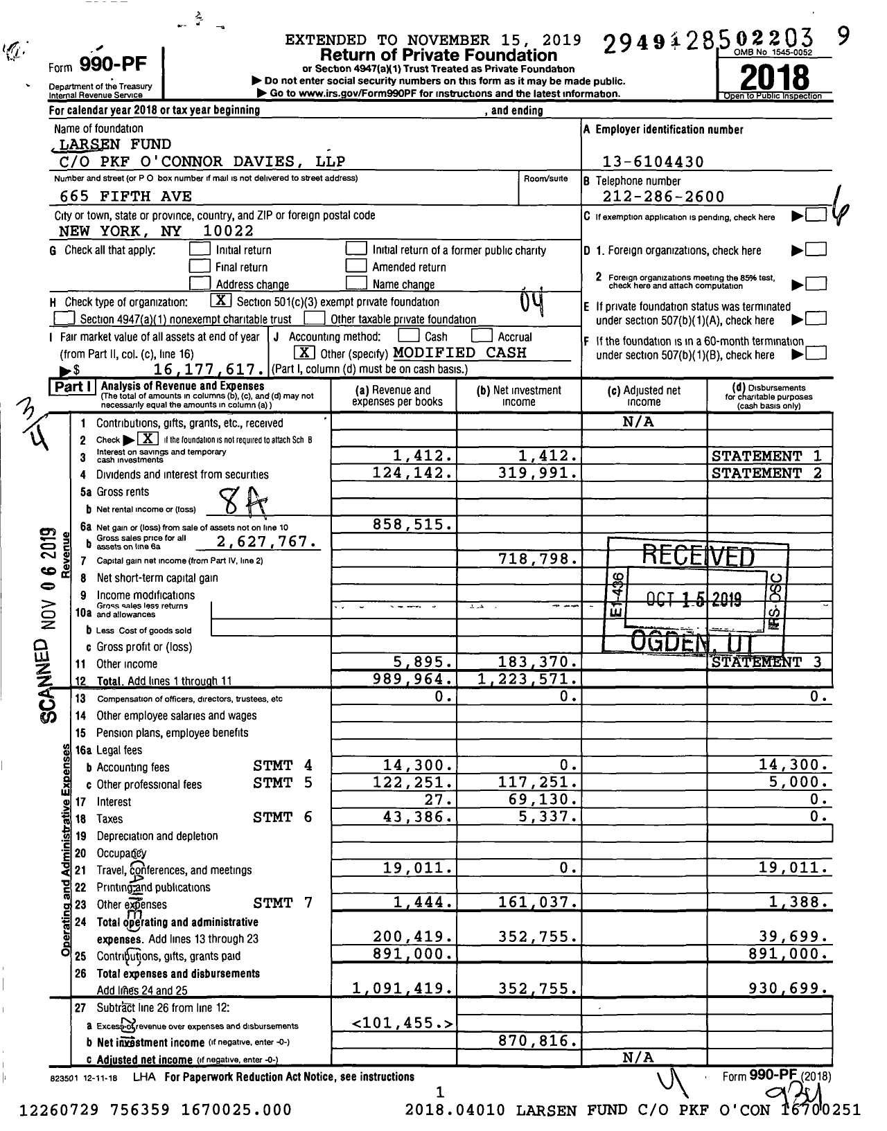 Image of first page of 2018 Form 990PF for Larsen Fund