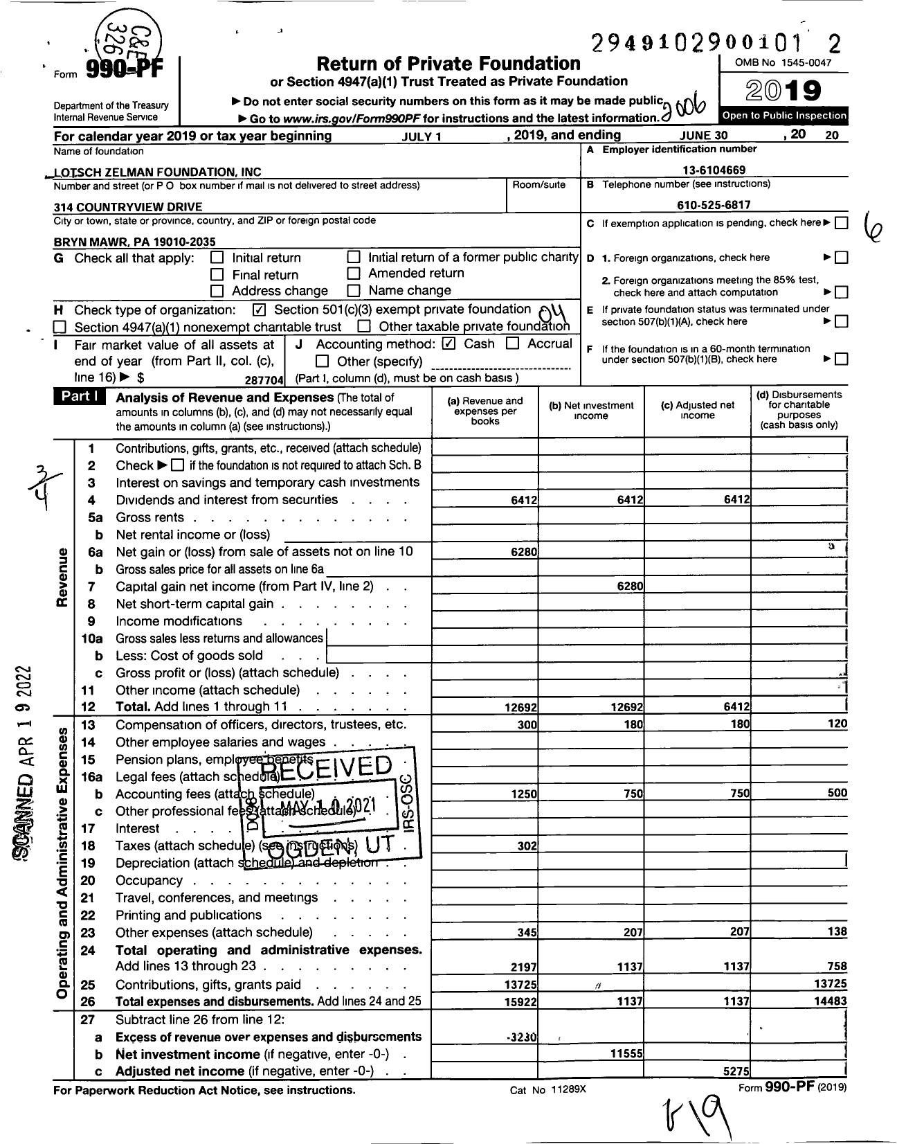 Image of first page of 2019 Form 990PF for Lotsch Zelman Foundation